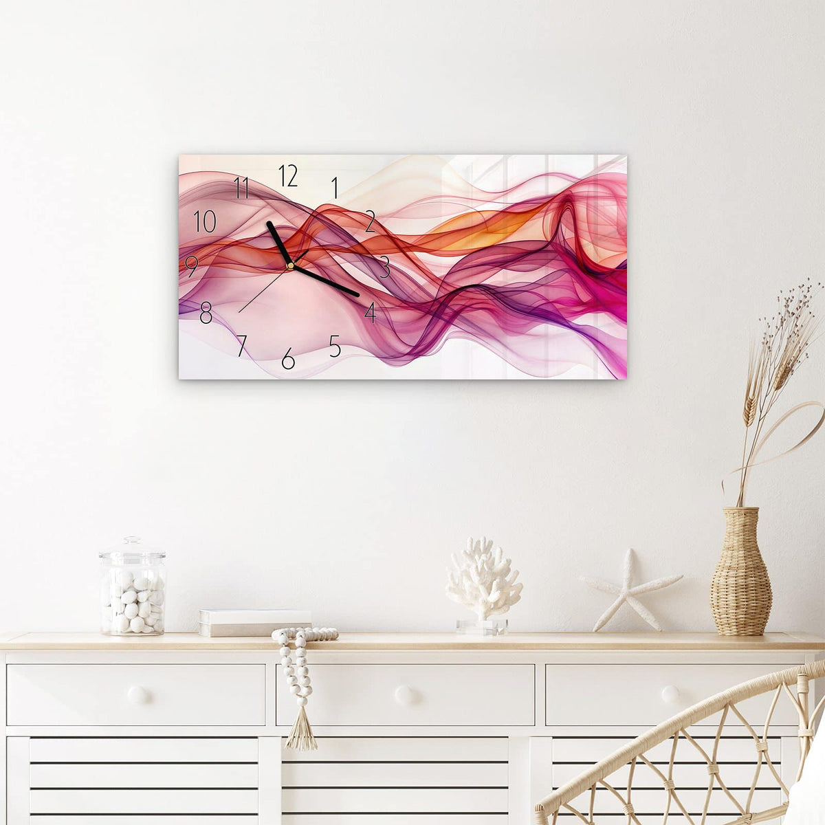 Wanduhr Farbige Schleier aus Glas – Querformat 60 × 30 cm – Schwebende Linien in Violett