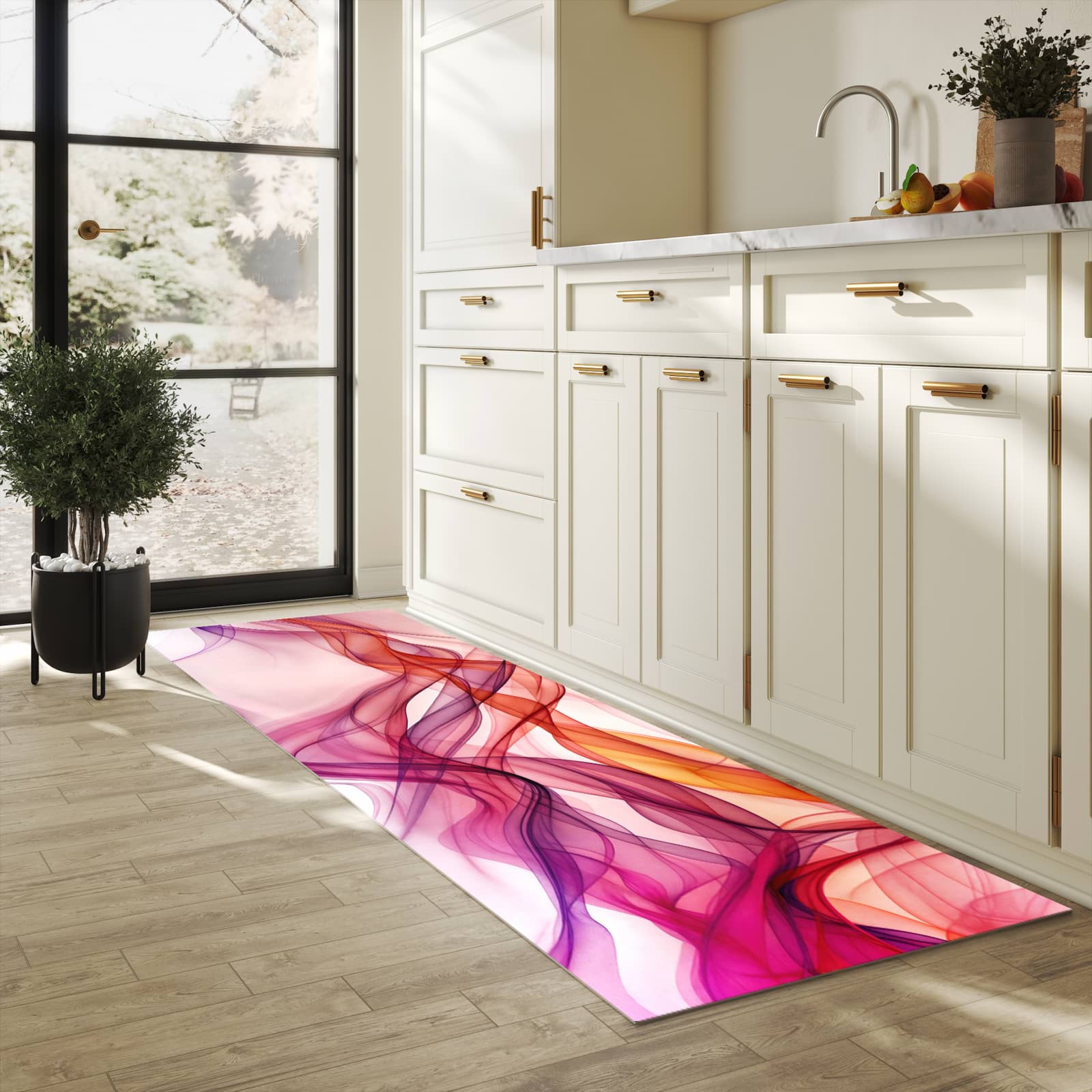 Flacher waschbarer Läufer für die Küche mit Motiv Farbige Schleier in heller Küche