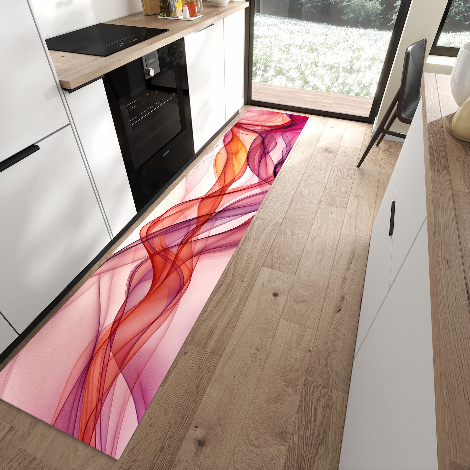 Bodenschonender rutschfester Küchenläufer mit Motiv Farbige Schleier in moderner Küche