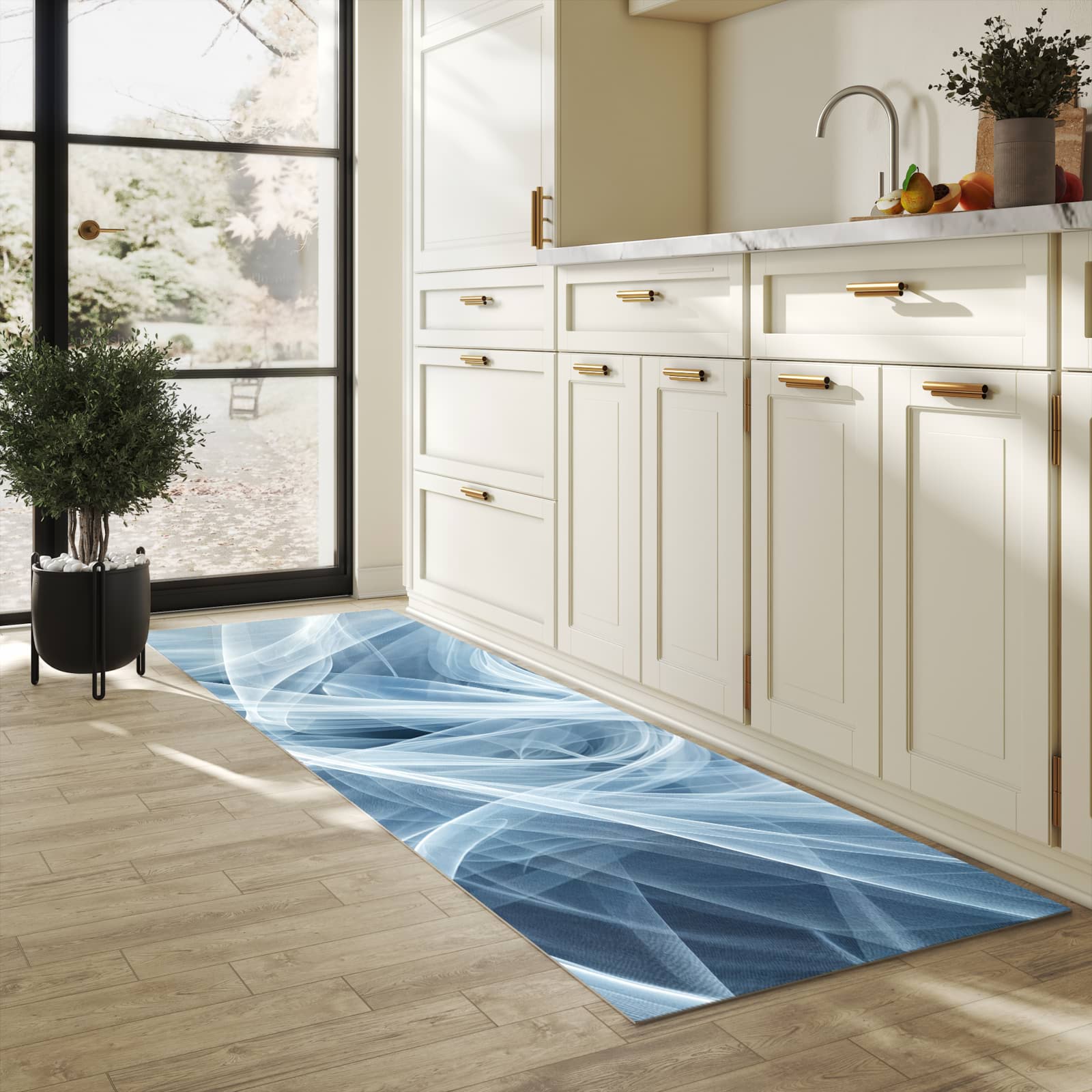 Hygienischer Küchenteppich mit Motiv Transparente Schleier in heller Küche