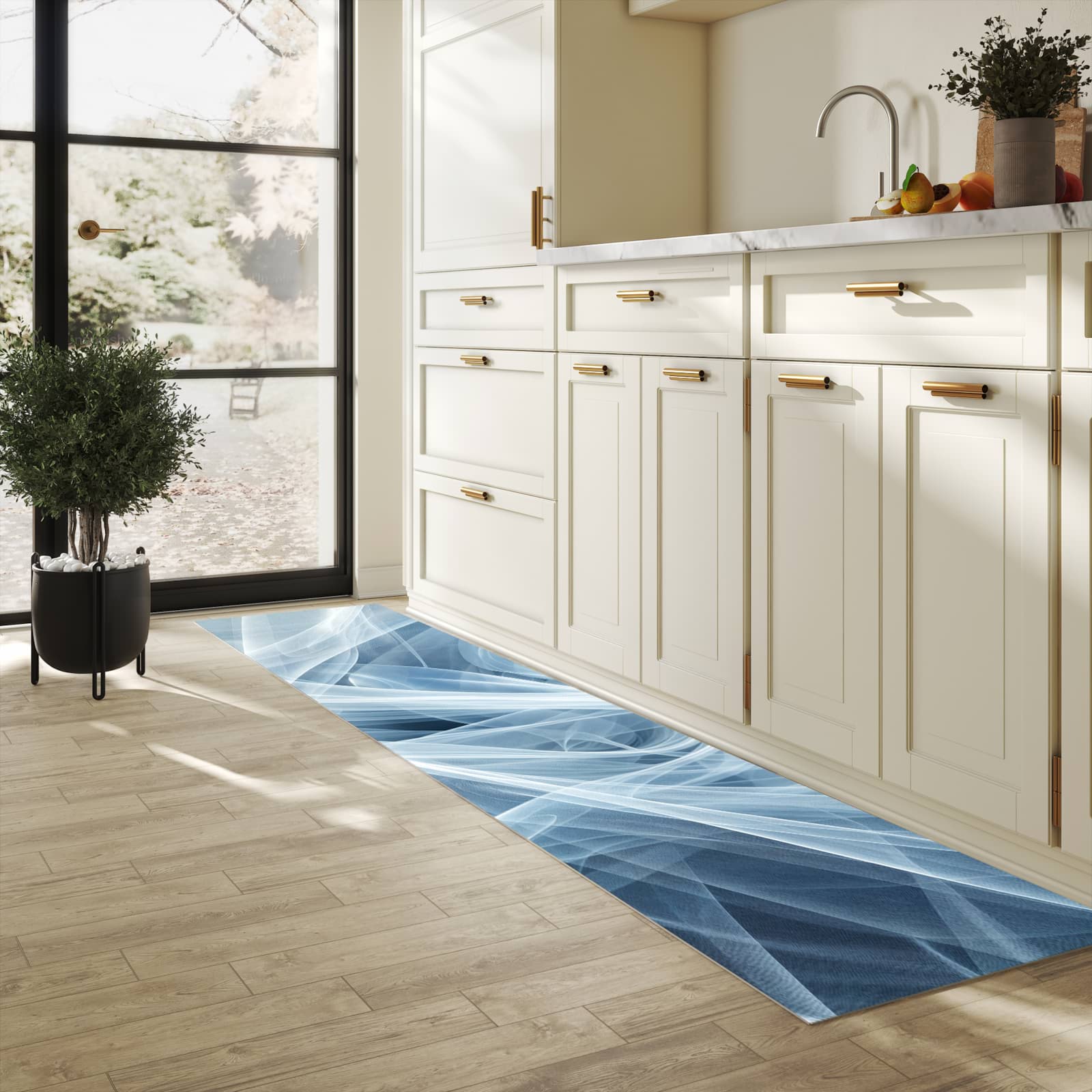 Komfortabler abwaschbarer Küchenteppich mit Motiv Transparente Schleier in heller Küche