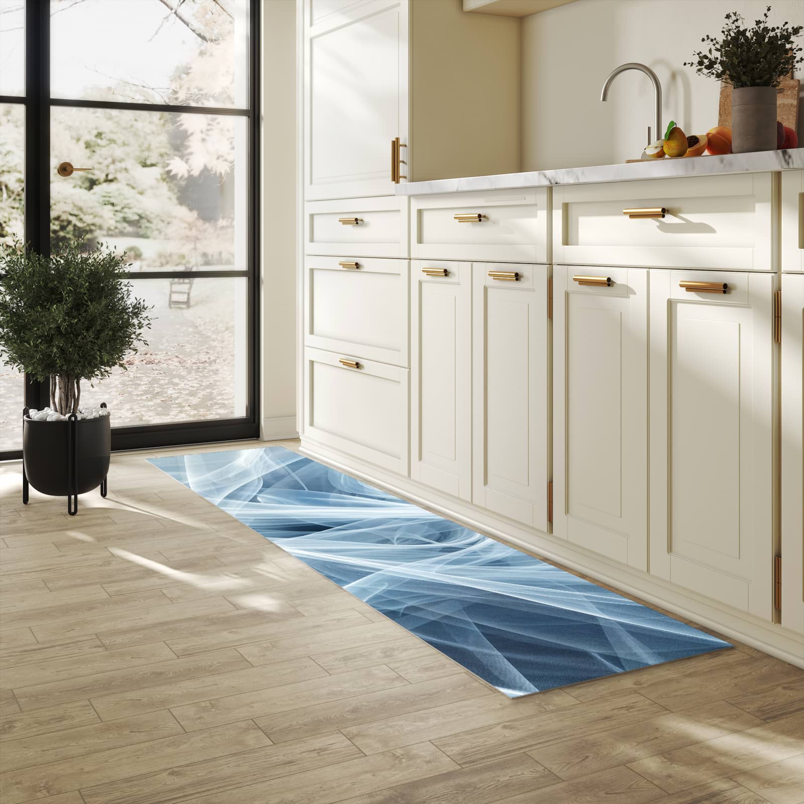 Pflegeleichter Küchenläufer mit Motiv Transparente Schleier in heller Küche