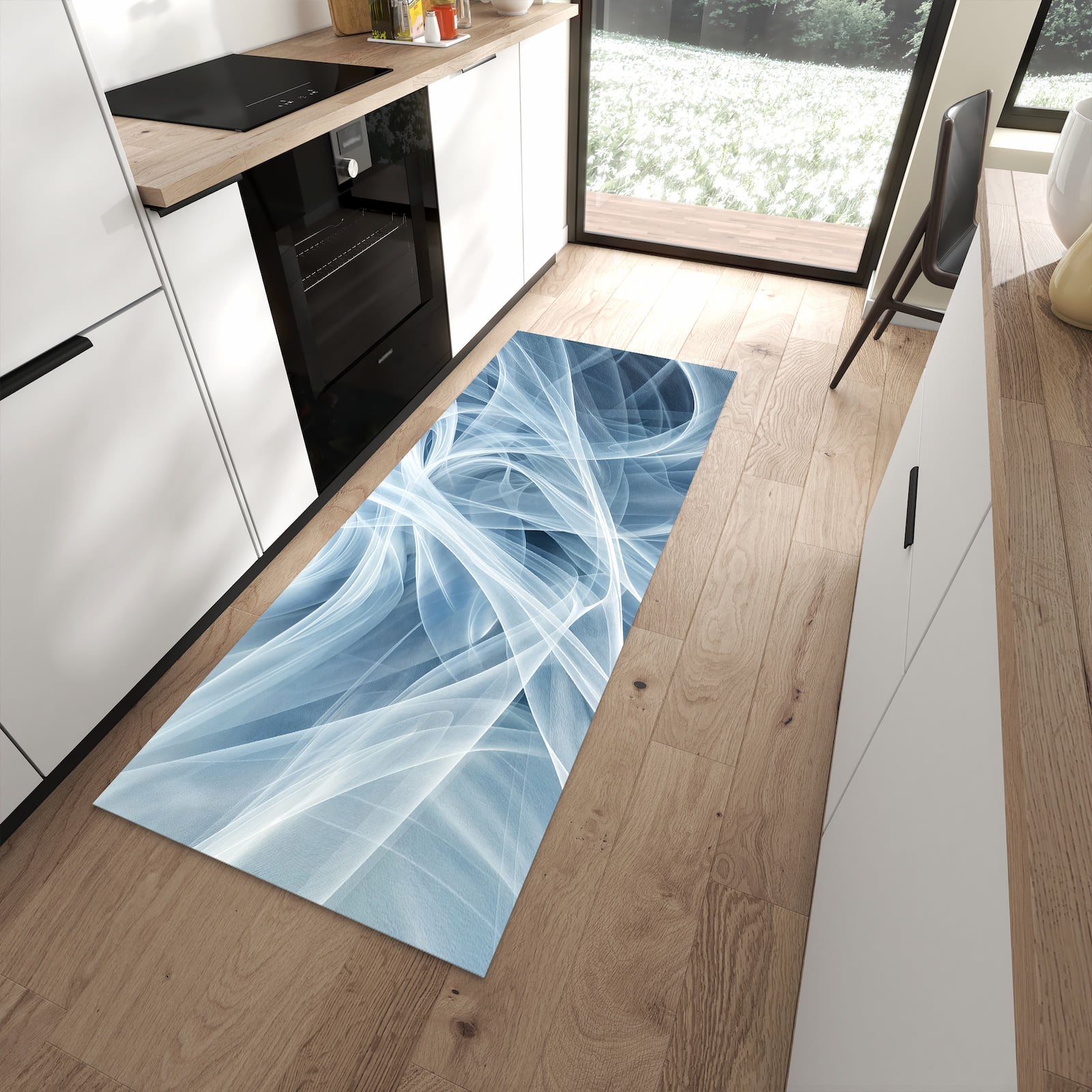 Rutschfester waschbarer Küchenteppich mit Motiv Transparente Schleier in moderner Küche