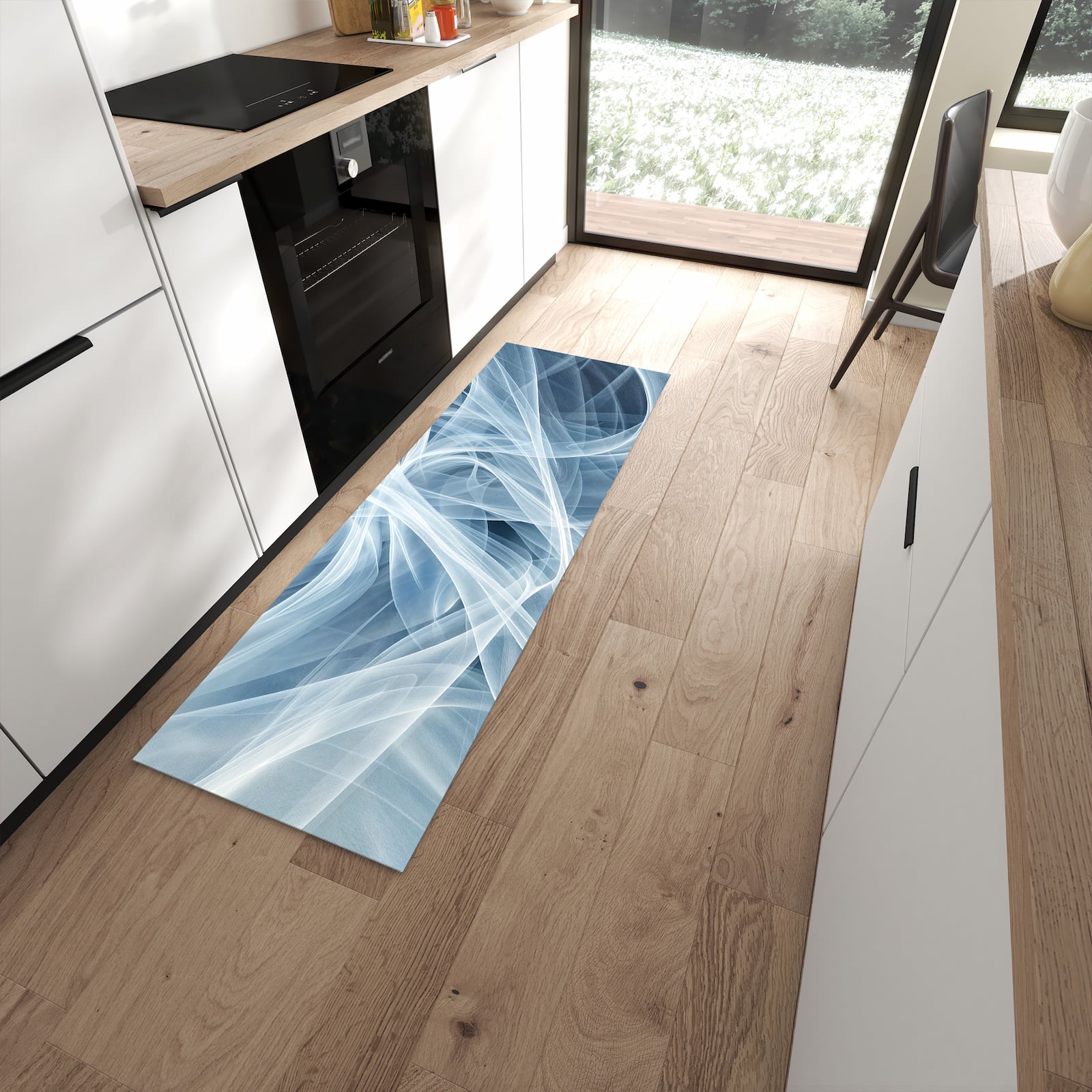 Geruchsneutraler waschbarer Küchenteppich mit Motiv Transparente Schleier in moderner Küche