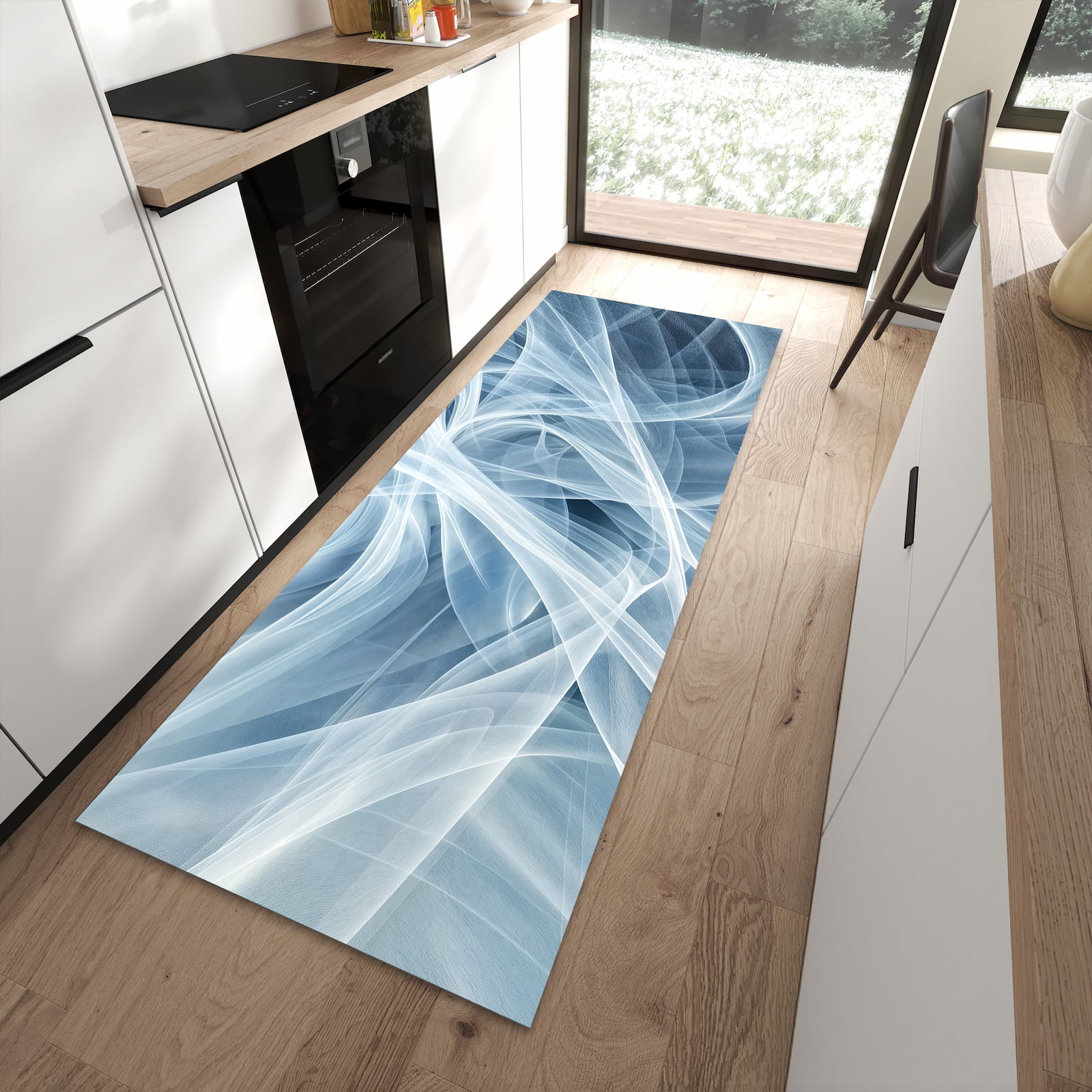 Waschbarer Küchenläufer mit Motiv Transparente Schleier in moderner Küche