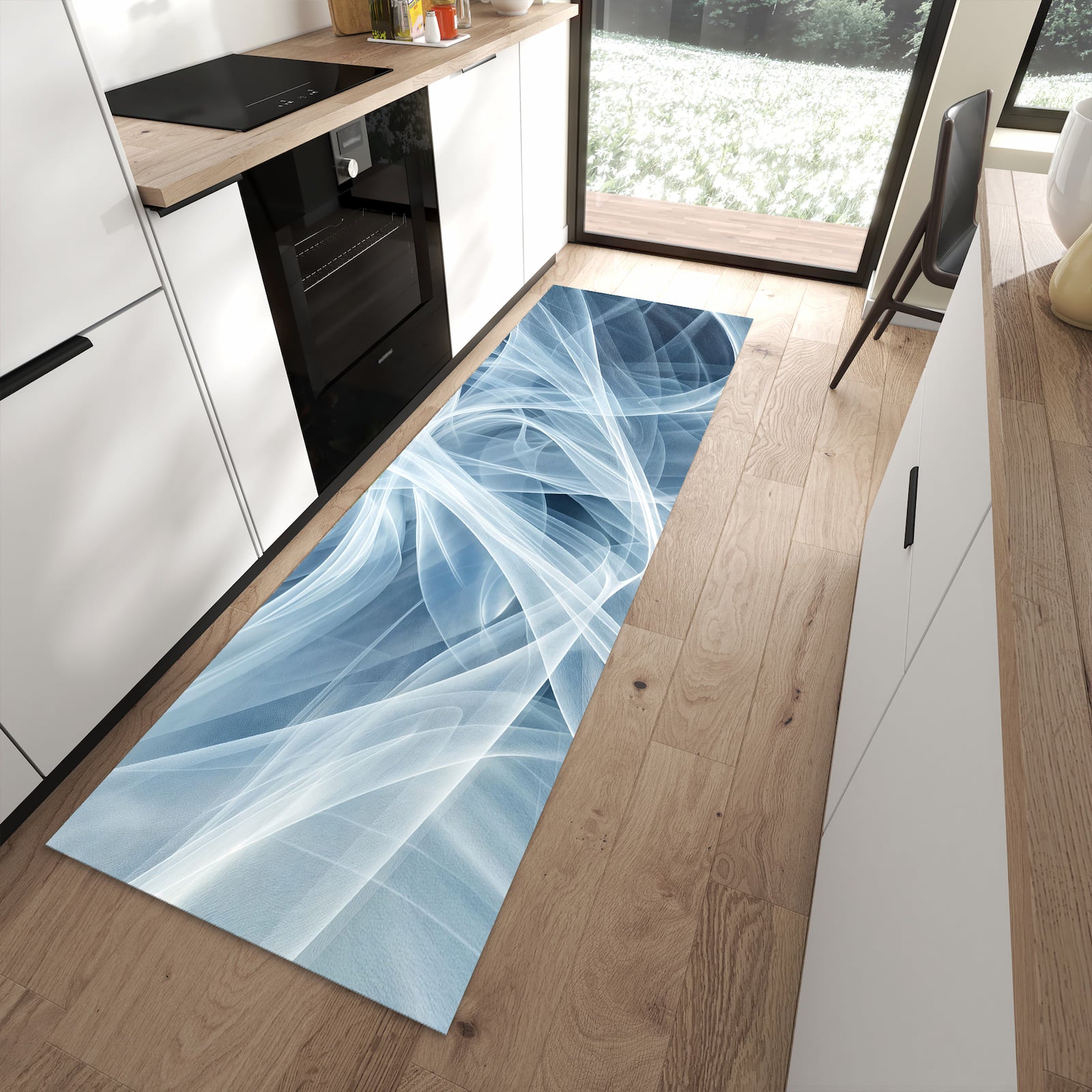 Pflegeleichter großer Küchenteppich mit Motiv Transparente Schleier in moderner Küche