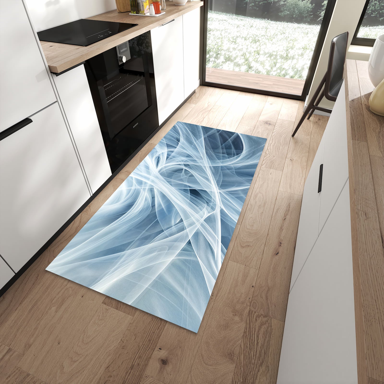 Strapazierfähiger Küchenläufer mit Motiv Transparente Schleier in moderner Küche