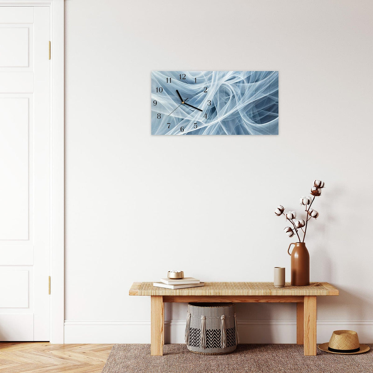 Moderne Wanduhr aus Glas mit Farbtiefe – Wanduhr Transparente Schleier aus Glas – Querformat 60 × 30 cm