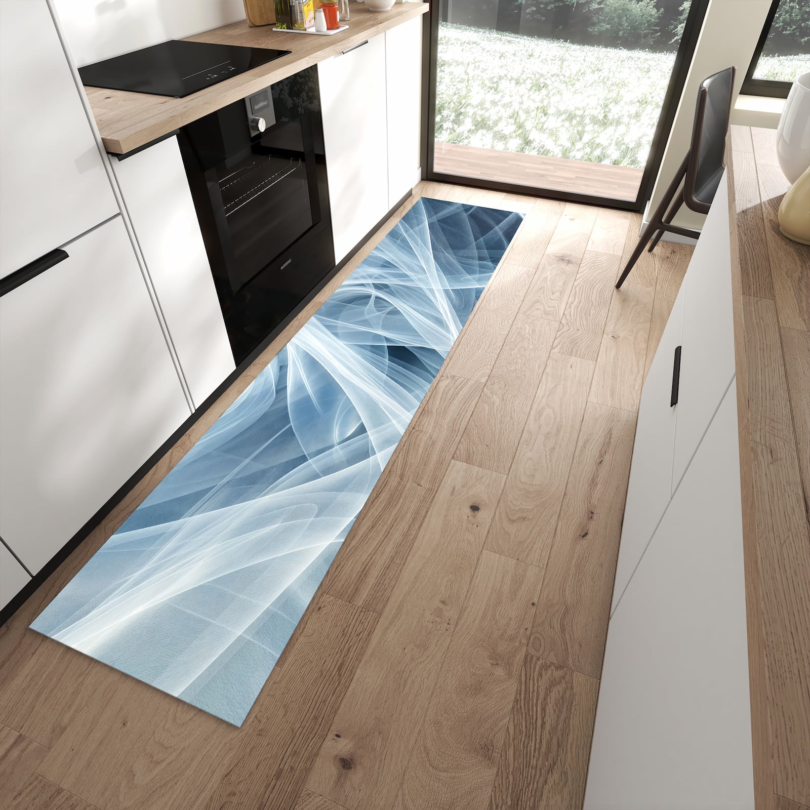Flacher Küchenteppich mit Motiv Transparente Schleier in moderner Küche für rutschfesten Stand