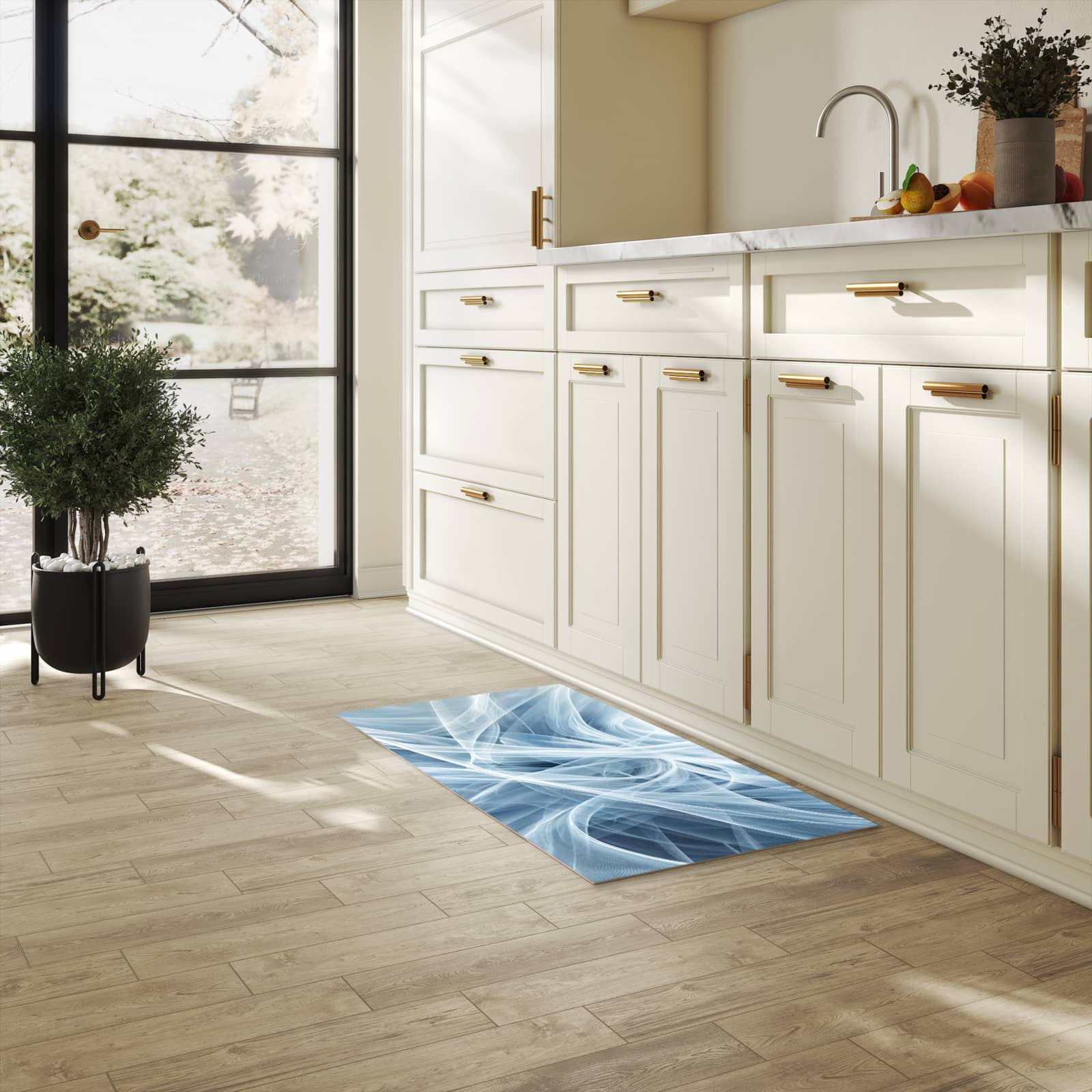 Schmutzabweisender moderner Küchenläufer mit Motiv Transparente Schleier in heller Küche