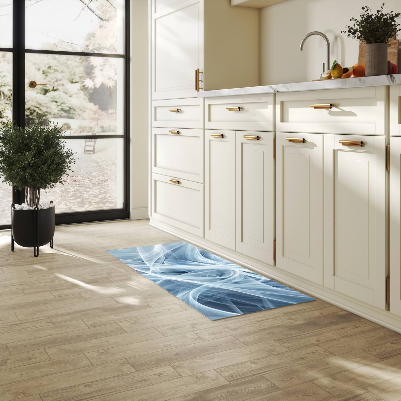 Geruchsneutraler Küchenläufer nach Maß mit Motiv Transparente Schleier in heller Küche