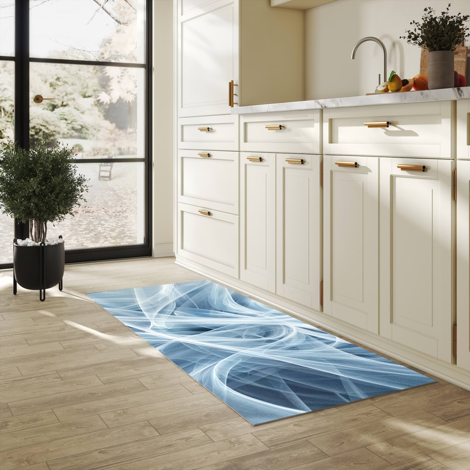 Pflegeleichter Küchenteppich mit Motiv Transparente Schleier in heller Küche