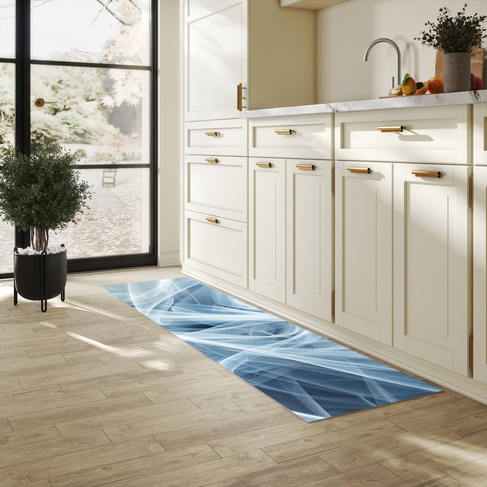 Flacher moderner Küchenläufer mit Motiv Transparente Schleier in heller Küche