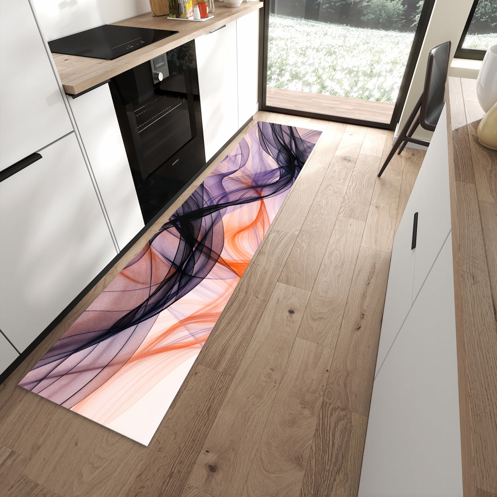 Farbbeständiger Läufer für den Eingangsbereich mit Motiv Abstrakte Bewegung in moderner Küche