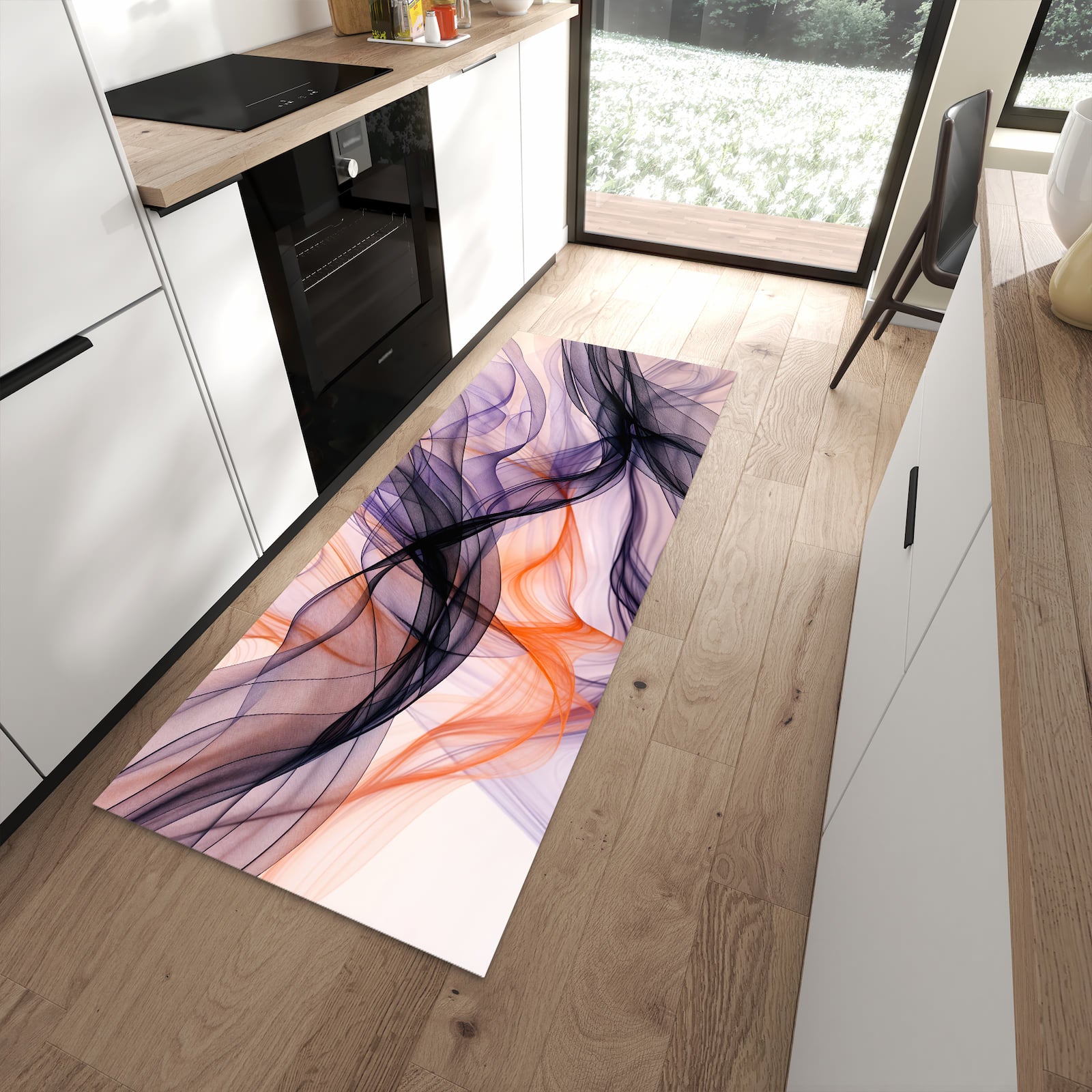 Rutschfester dünner Teppich mit Motiv Abstrakte Bewegung spart Zeit in moderner Küche