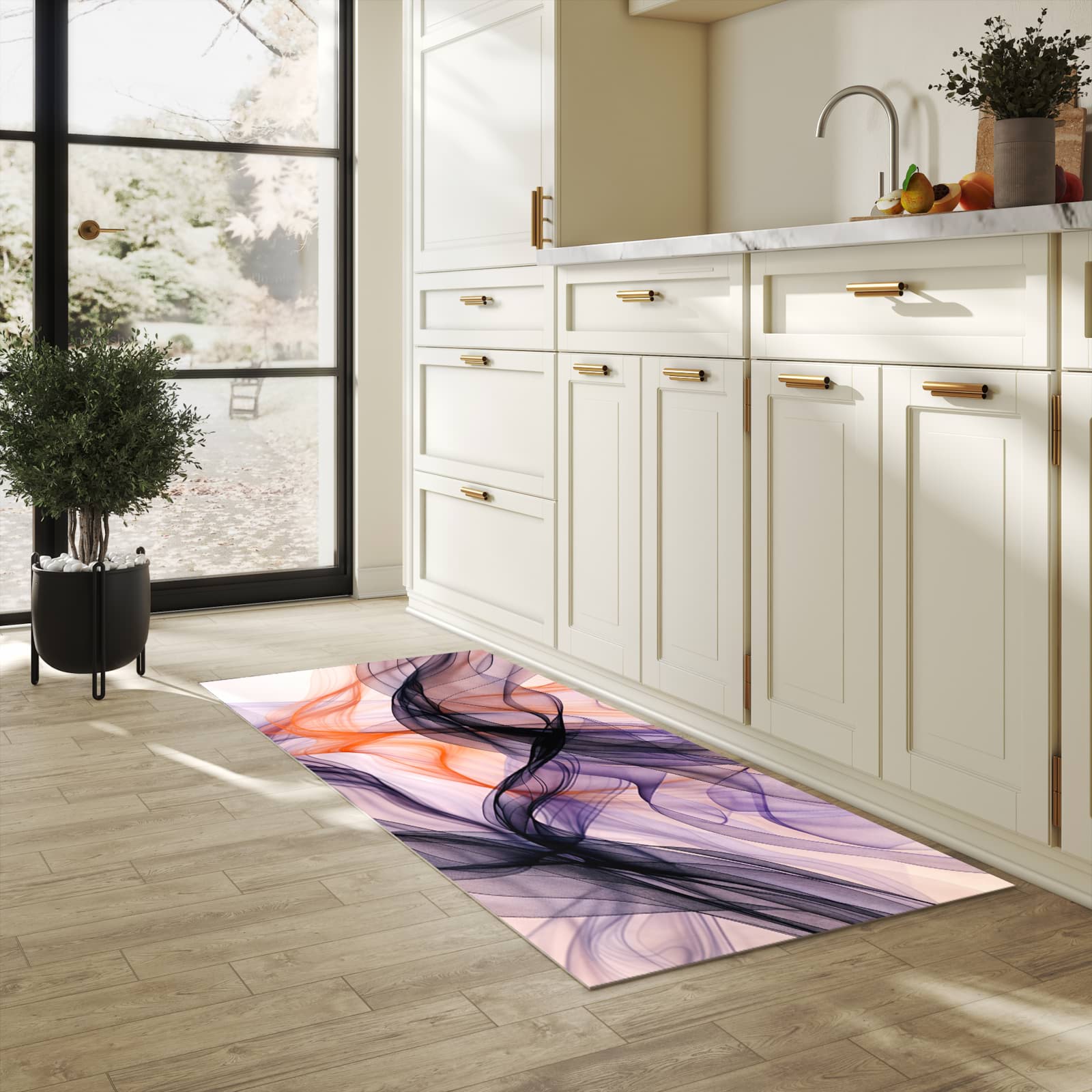 Geräuschdämpfender waschbarer Küchenläufer mit Motiv Abstrakte Bewegung in heller Küche