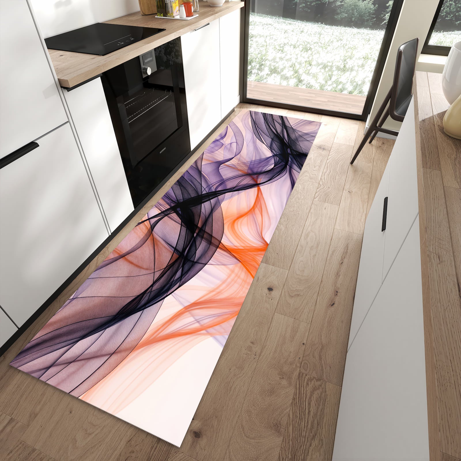 Abriebfester waschbarer Teppich fürs Esszimmer mit Motiv Abstrakte Bewegung in moderner Küche