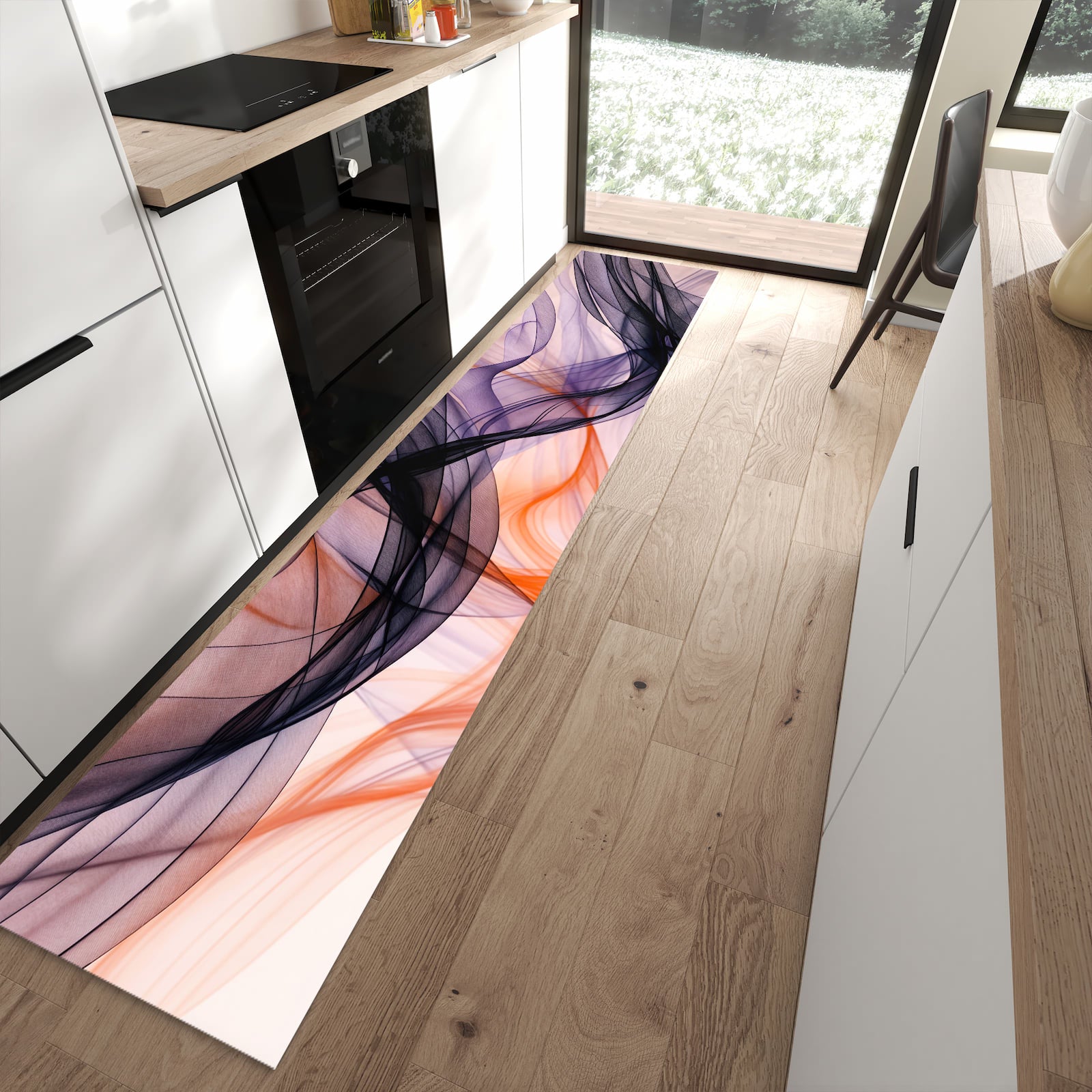 Formstabiler Läufer mit Motiv Abstrakte Bewegung in moderner Küche für rutschfesten Stand