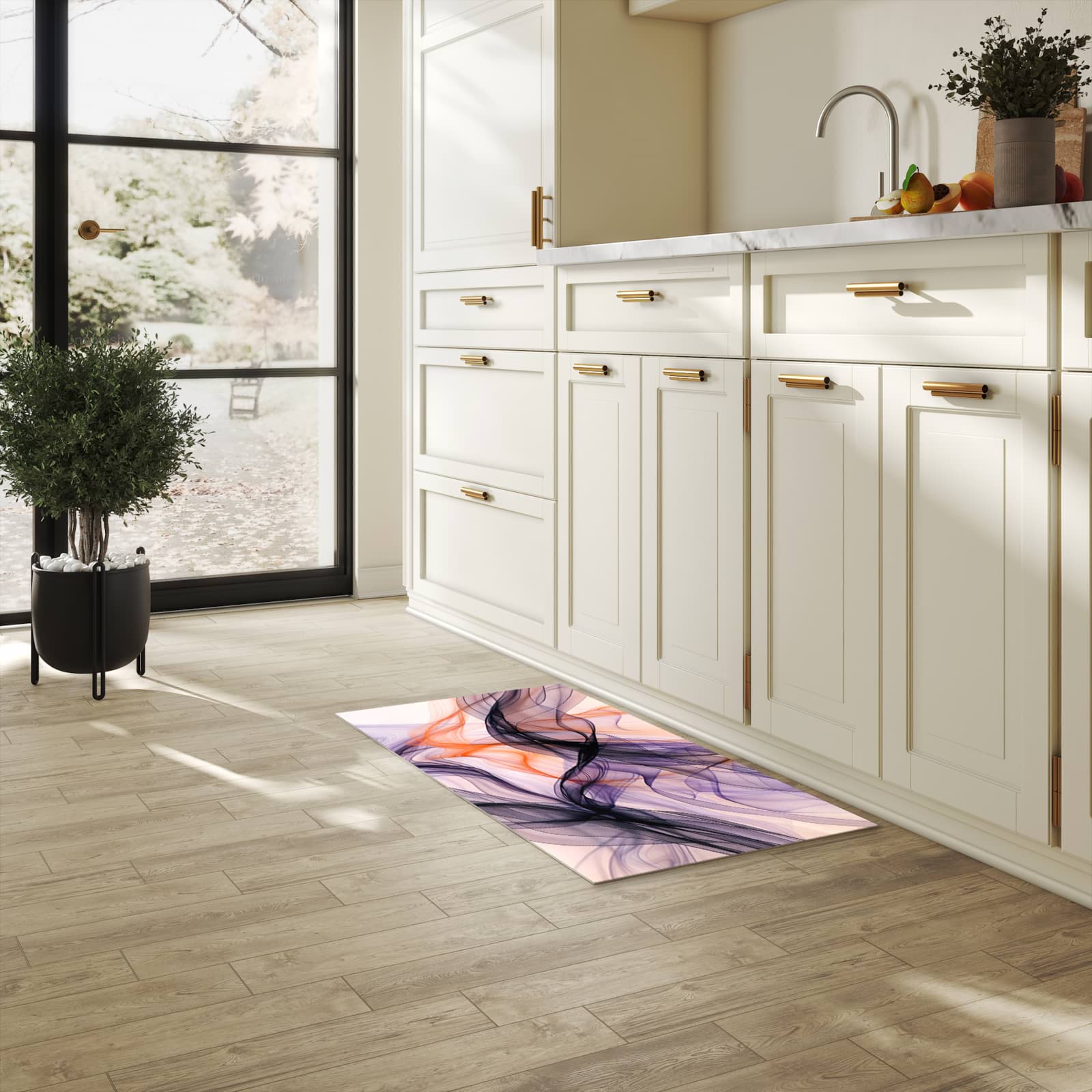 Waschbarer Küchenteppich mit Motiv Abstrakte Bewegung in heller Küche schont den Boden