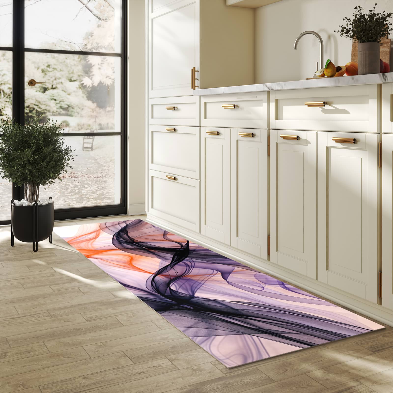 UV-beständiger rutschfester Küchenläufer mit Motiv Abstrakte Bewegung in heller Küche