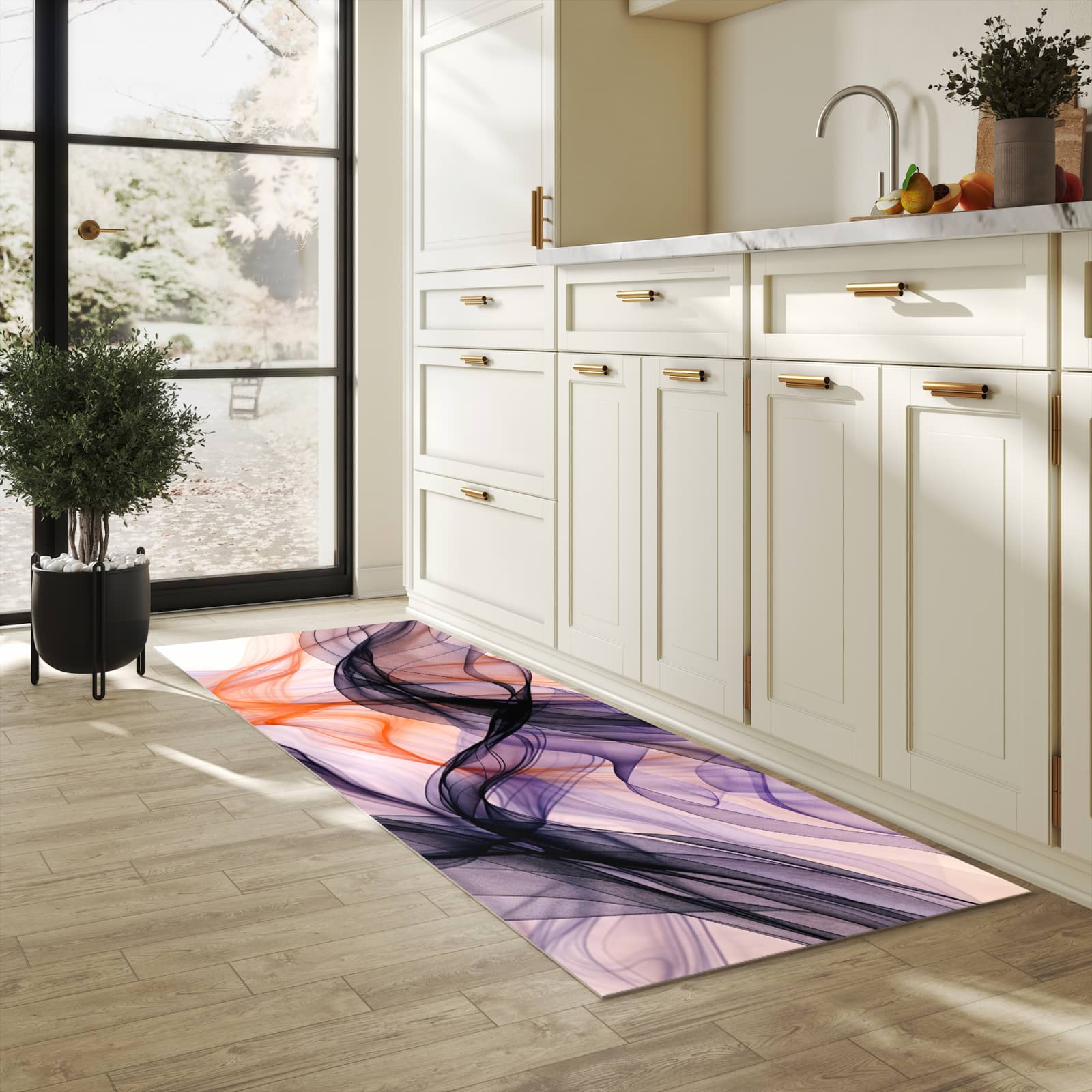 Abriebfester rutschfester Küchenläufer mit Motiv Abstrakte Bewegung in heller Küche