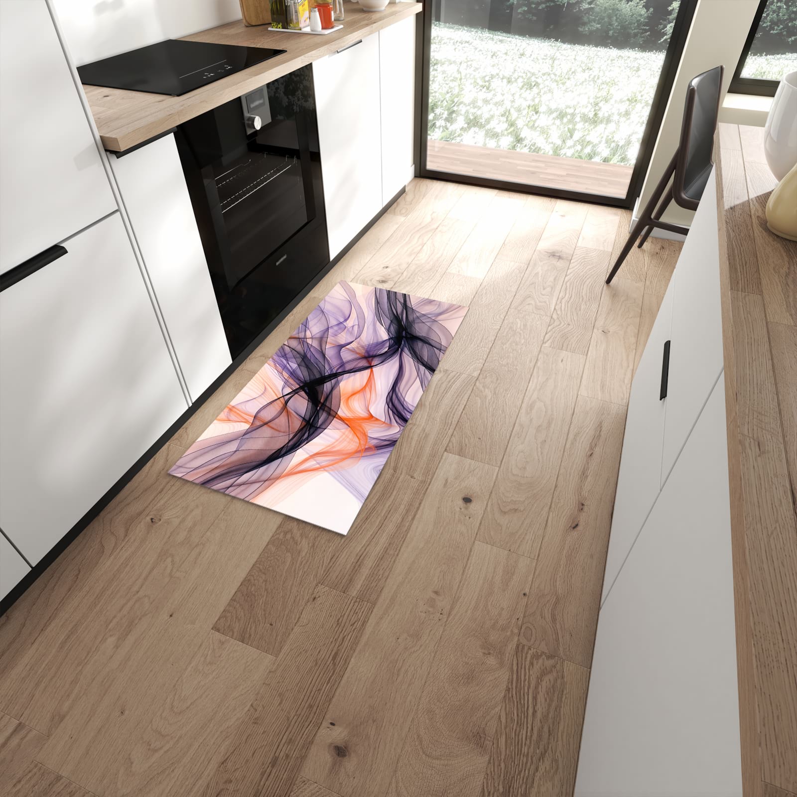 Feuchtigkeitsresistenter Teppichläufer mit Motiv Abstrakte Bewegung in moderner Küche #grösse_60 x 120 cm