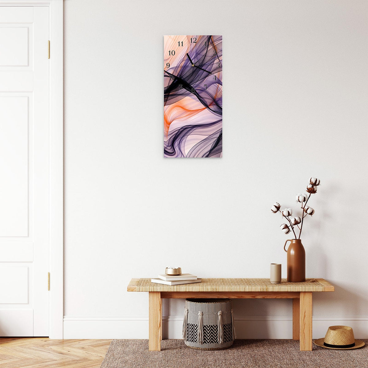 Moderne Wanduhr aus Glas mit Farbtiefe – Wanduhr Abstrakte Bewegung aus Glas – Hochformat 30 × 60 cm