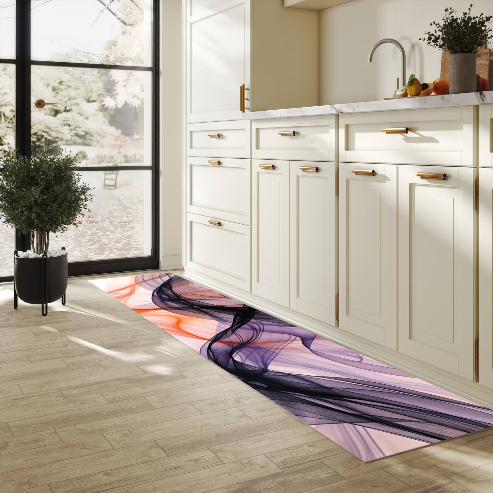 Küchenteppich mit Motiv Abstrakte Bewegung in heller Küche für sichere Aufbewahrung