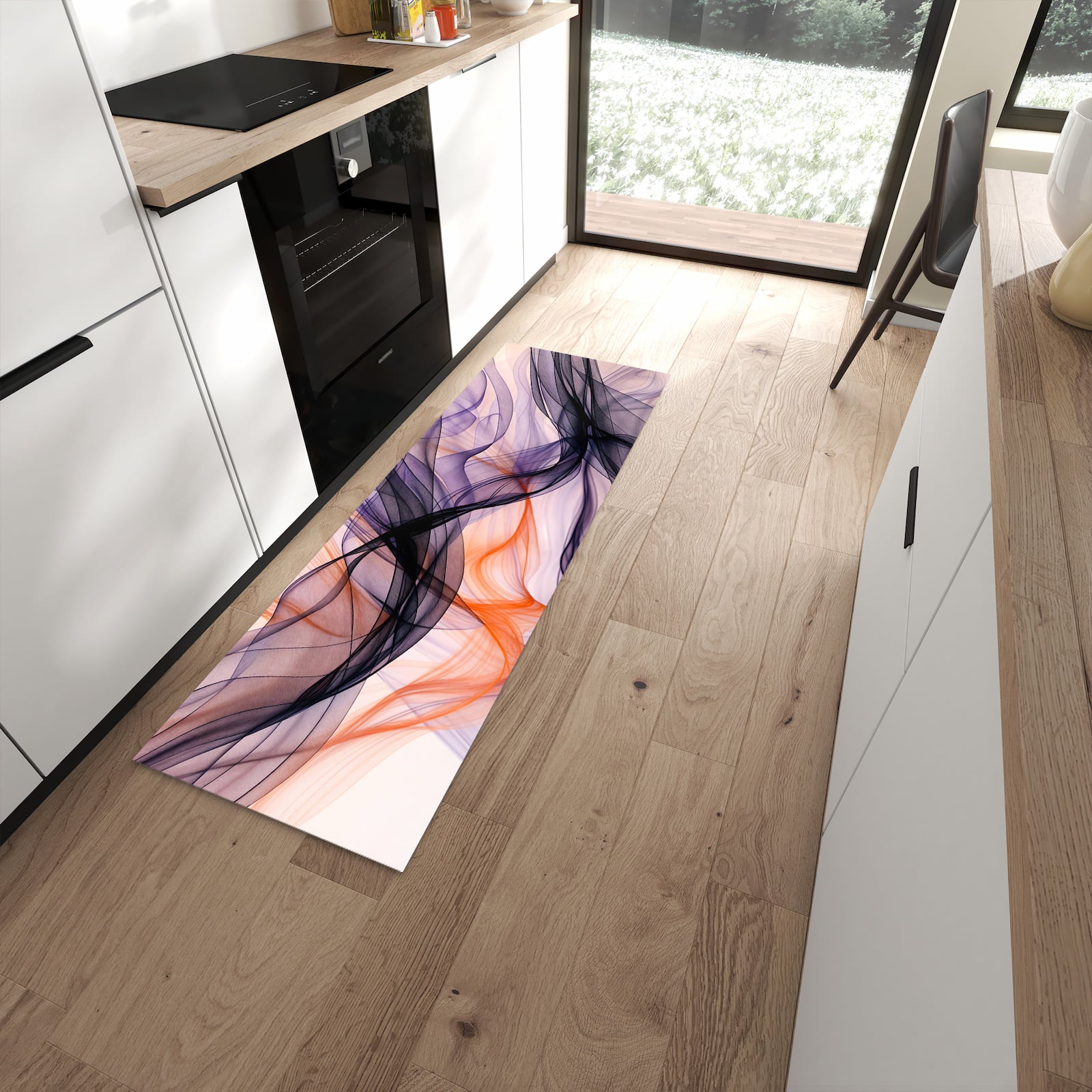 Waschbarer Küchenläufer mit Motiv Abstrakte Bewegung für Ordnung in moderner Küche