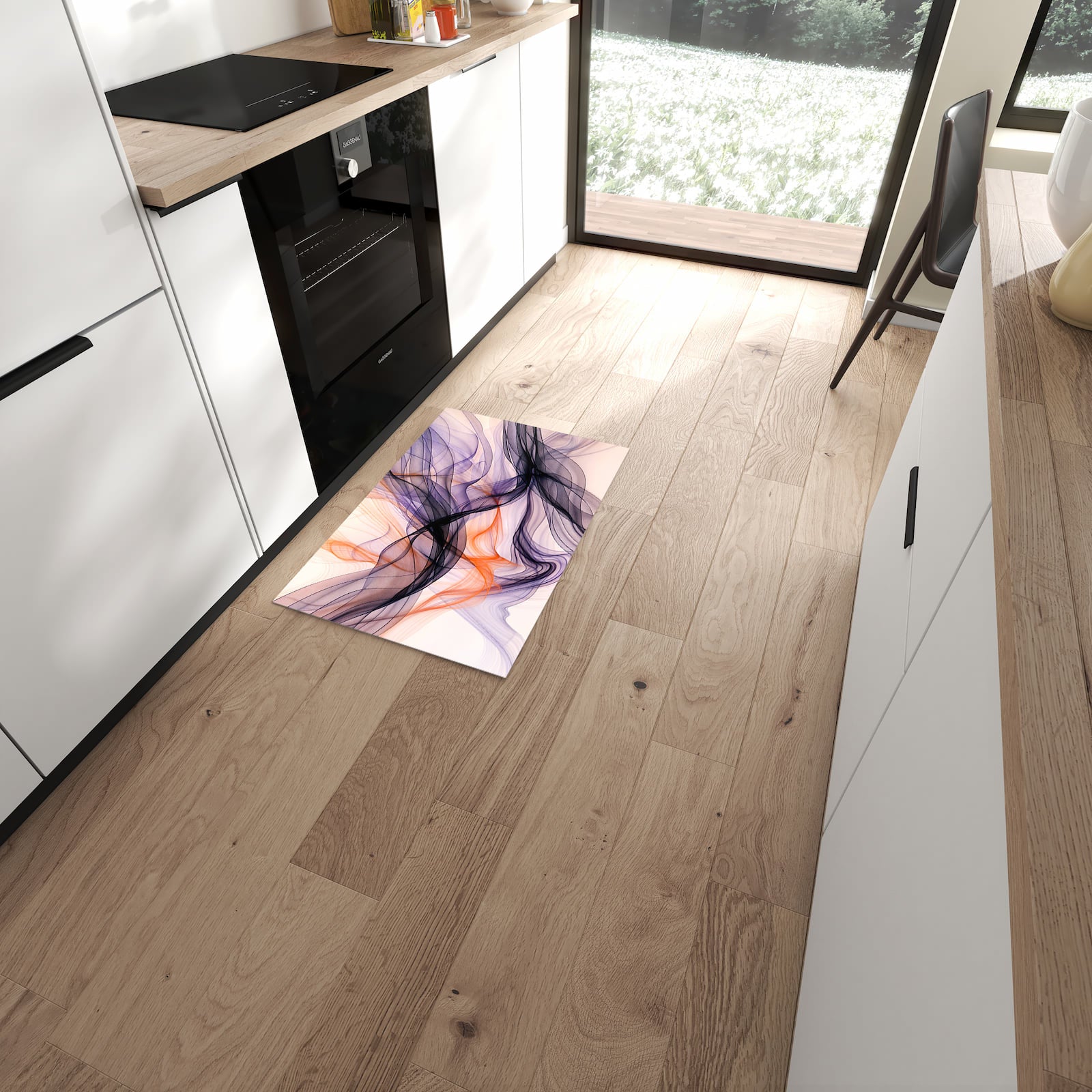 Dünner Küchenteppich mit Motiv Abstrakte Bewegung in moderner Küche für sicheres Aufbewahren