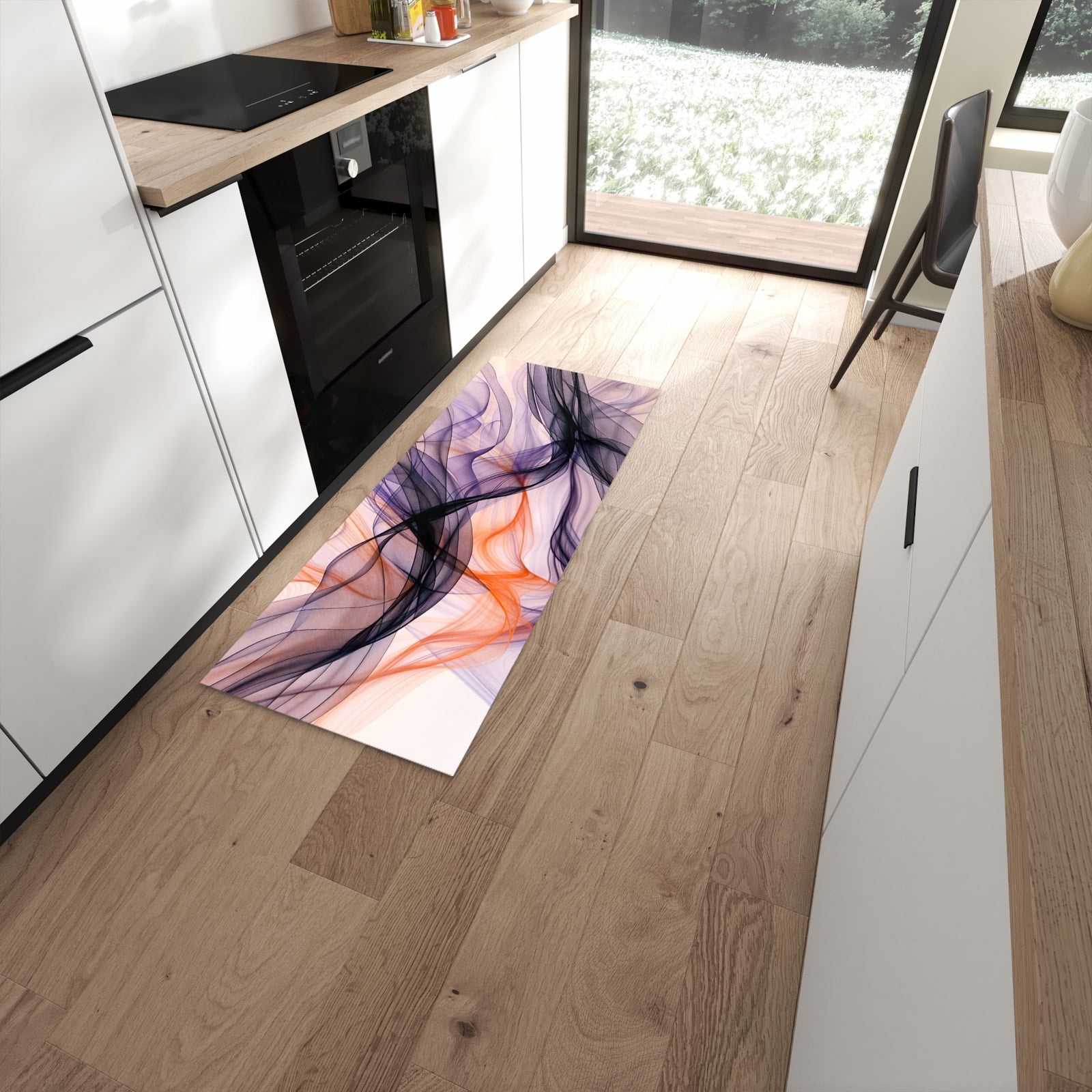 Bodenschonender waschbarer Läufer für die Küche mit Motiv Abstrakte Bewegung in moderner Küche #grösse_60 x 150 cm