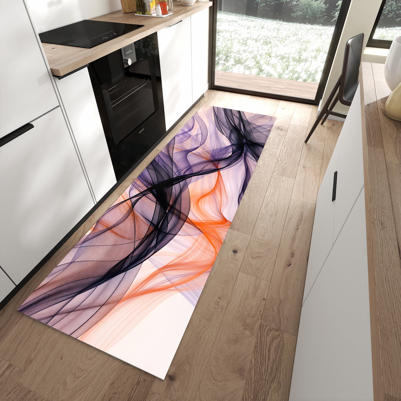 Geräuschdämpfender dünner Küchenteppich mit Motiv Abstrakte Bewegung in moderner Küche