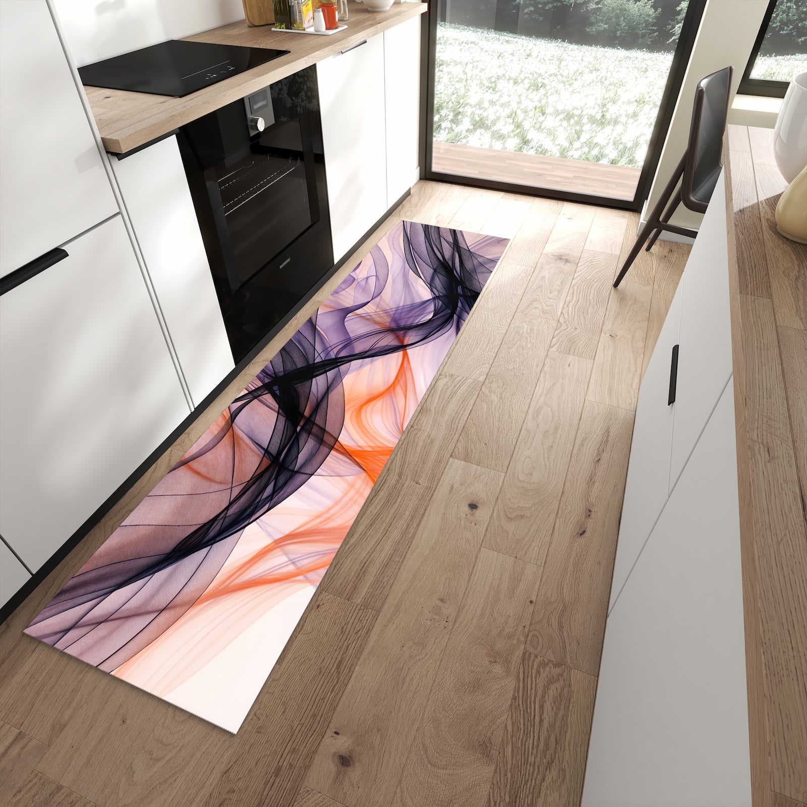 Bodenschonender langer Teppich mit Motiv Abstrakte Bewegung in moderner Küche