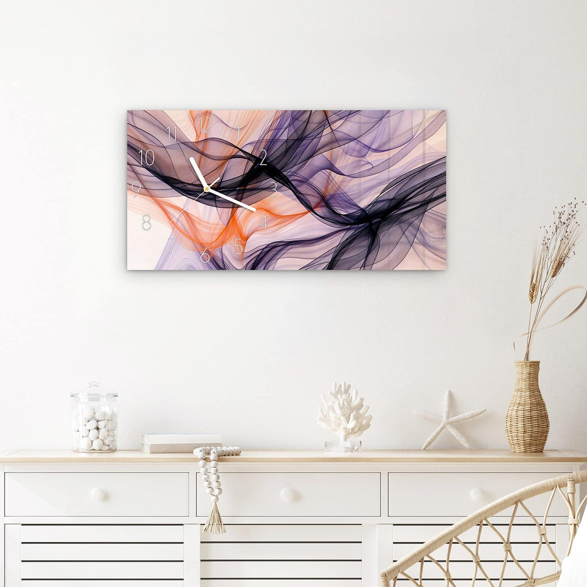 Wanduhr Abstrakte Bewegung aus Glas – Querformat 60 × 30 cm – Violette Wellen auf Beige
