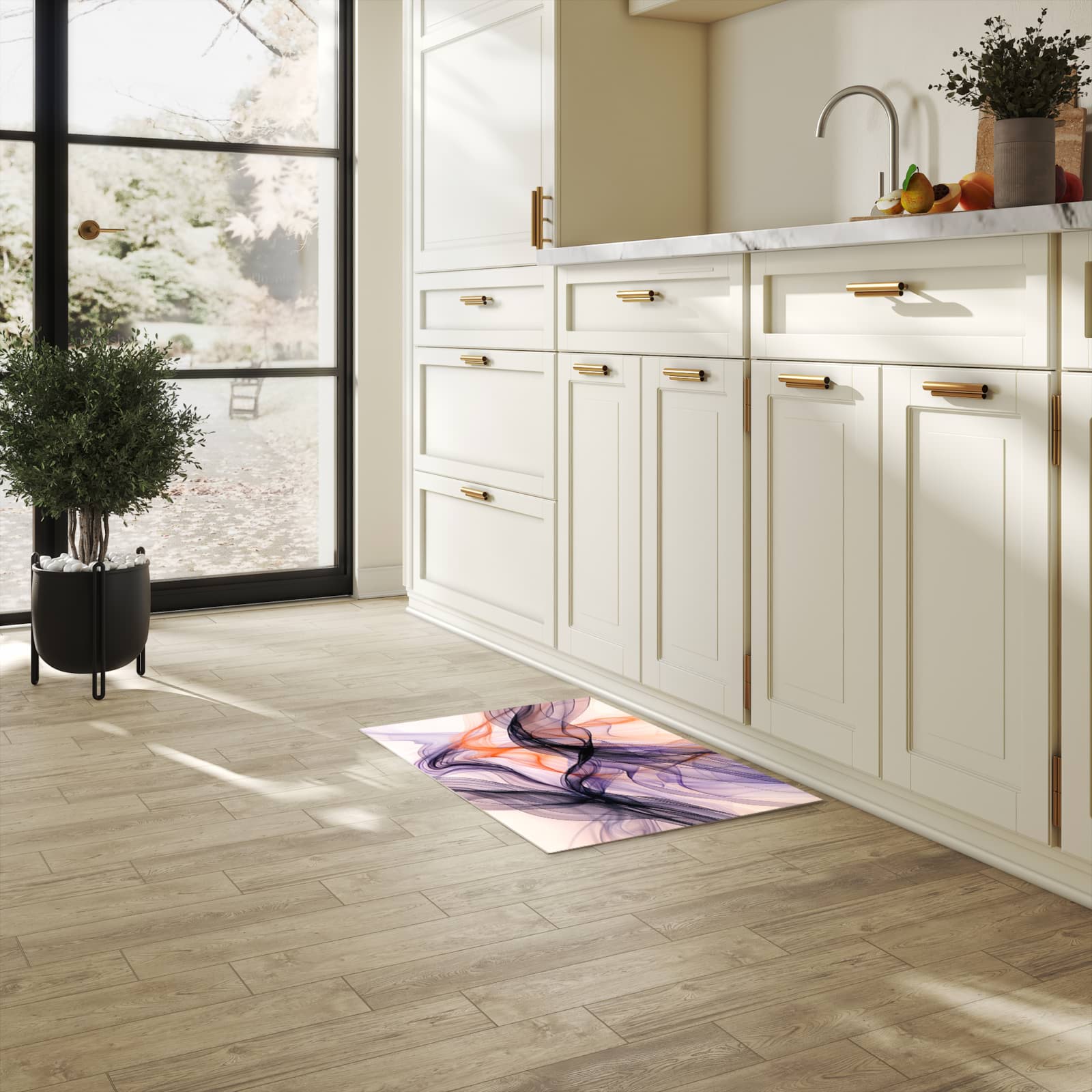 Zeitsparender Küchenläufer mit Motiv Abstrakte Bewegung in heller Küche