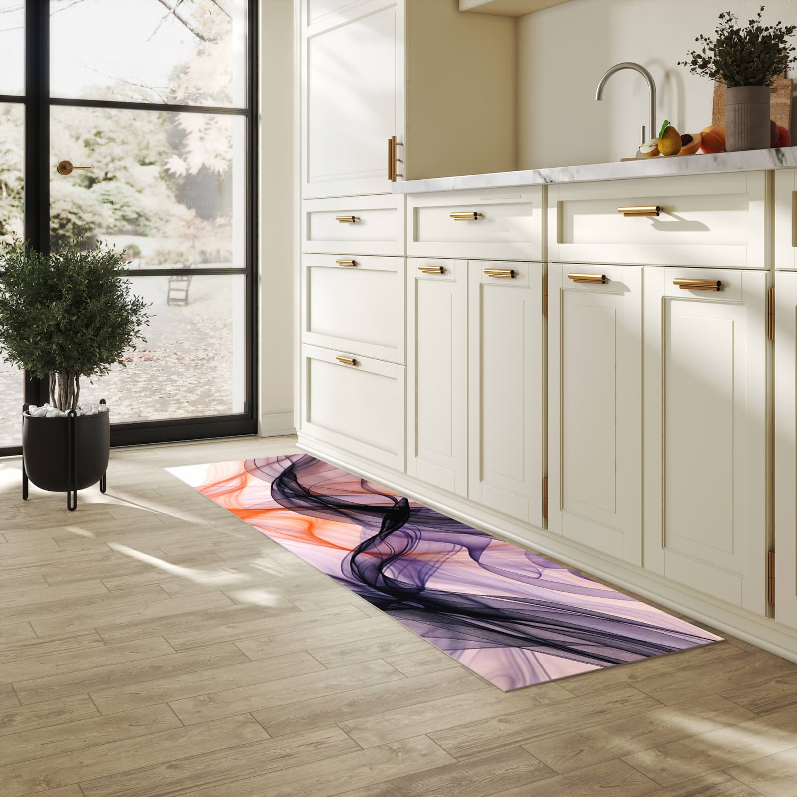 Farbbeständiger rutschfester Küchenteppich mit Motiv Abstrakte Bewegung in heller Küche