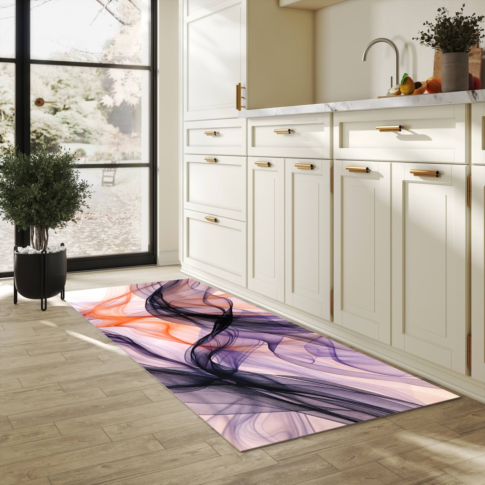 Fleckenresistenter rutschfester Küchenläufer mit Motiv Abstrakte Bewegung in heller Küche
