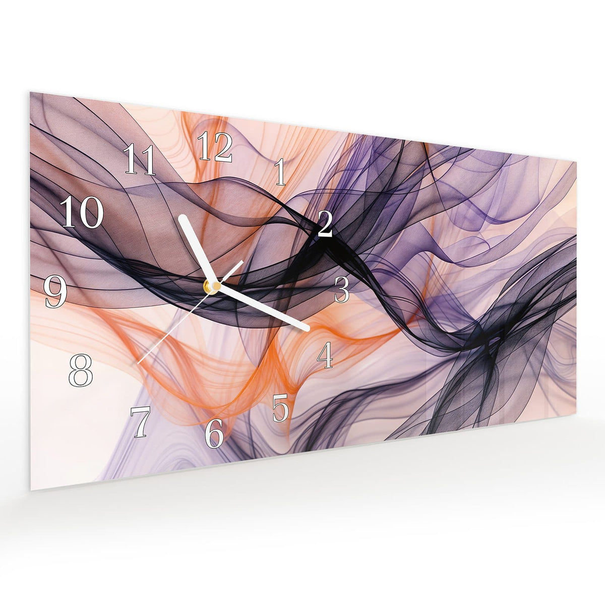 Vormontiert – mit Schwebeeffekt – Wanduhr Abstrakte Bewegung aus Glas – Querformat 60 × 30 cm