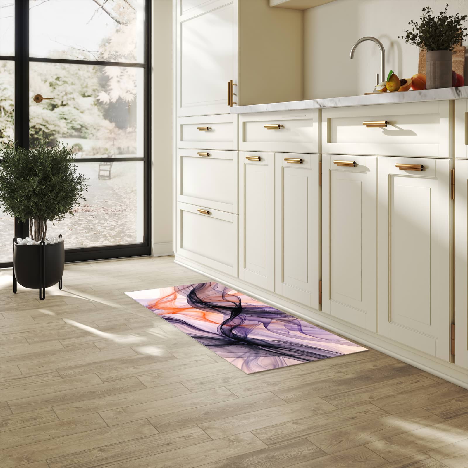 Waschbarer Küchenteppich mit Motiv Abstrakte Bewegung für Ordnung in heller Küche
