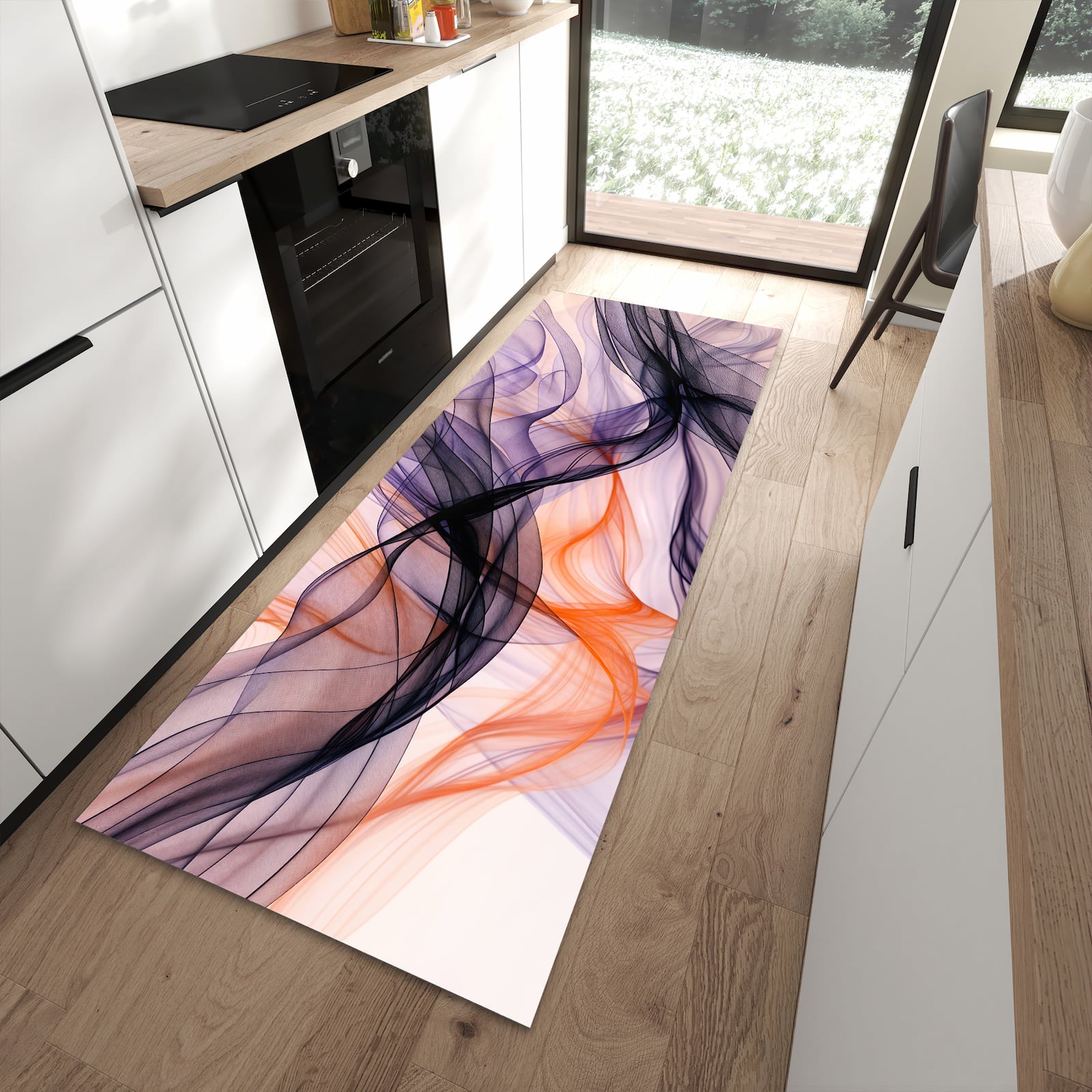 Wasserabweisender Bodenläufer mit Motiv Abstrakte Bewegung in moderner Küche