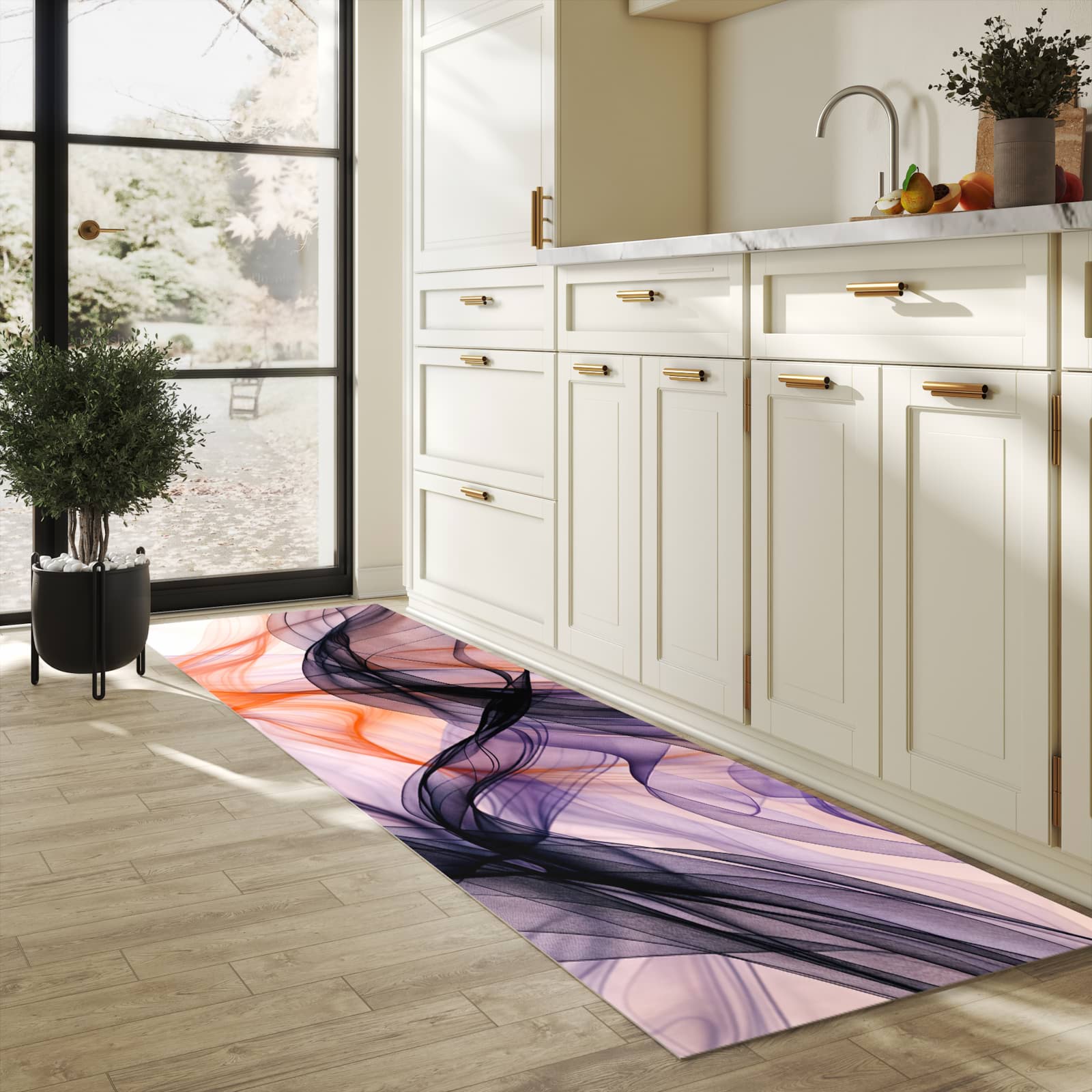 Rutschfester Küchenläufer mit Motiv Abstrakte Bewegung für Trittkomfort in heller Küche