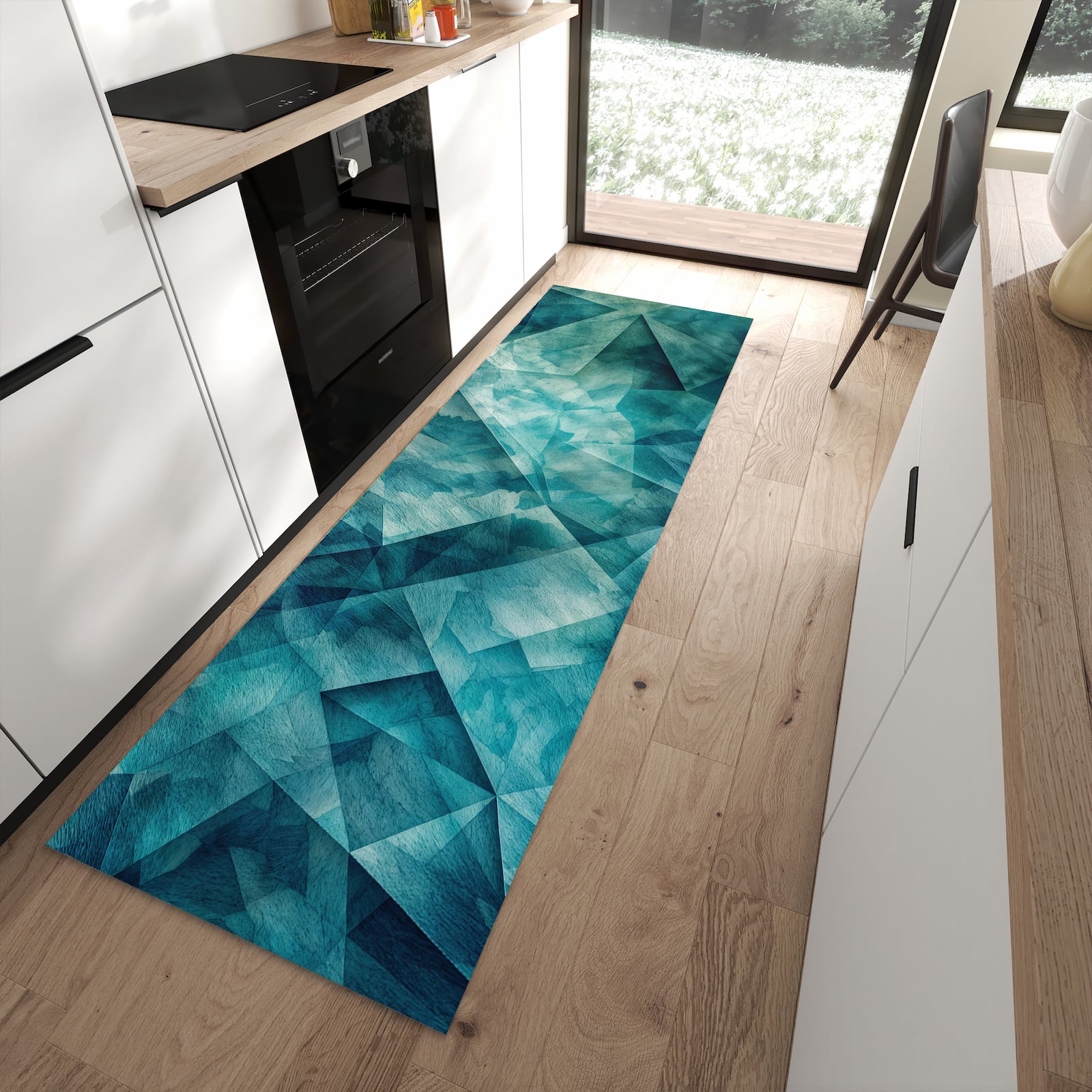 Hygienischer Küchenteppich mit Motiv Abstrakte Geometrie in moderner Küche