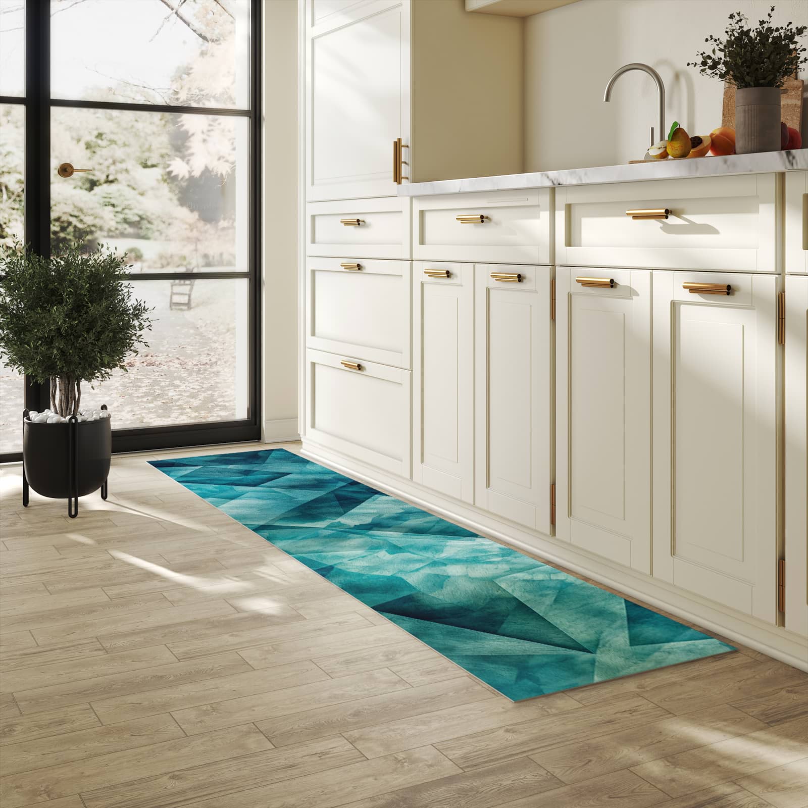 Rutschfester Teppich für Esstisch mit Motiv Abstrakte Geometrie in heller Küche