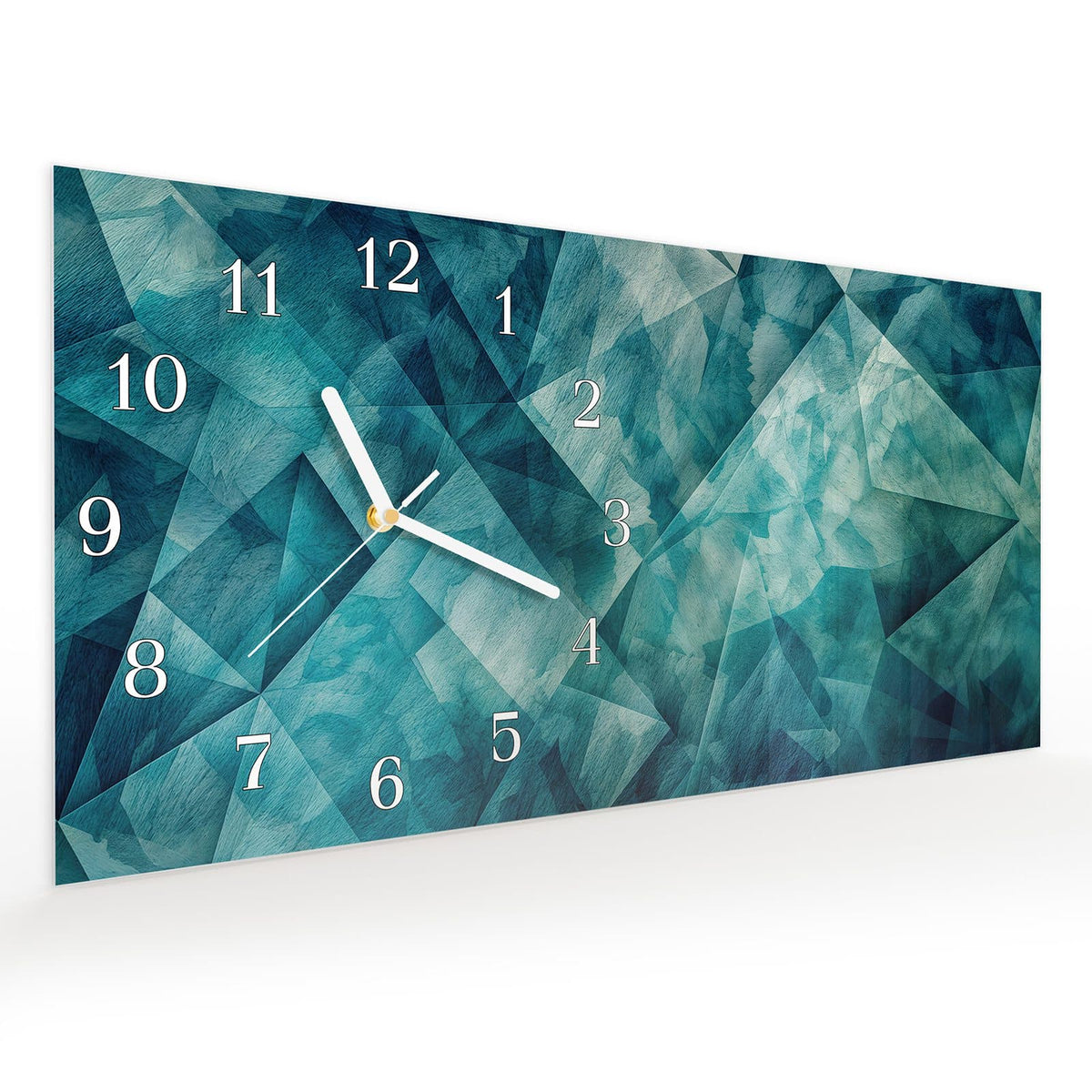 Vormontiert – mit Schwebeeffekt – Wanduhr Abstrakte Geometrie aus Glas – Querformat 60 × 30 cm