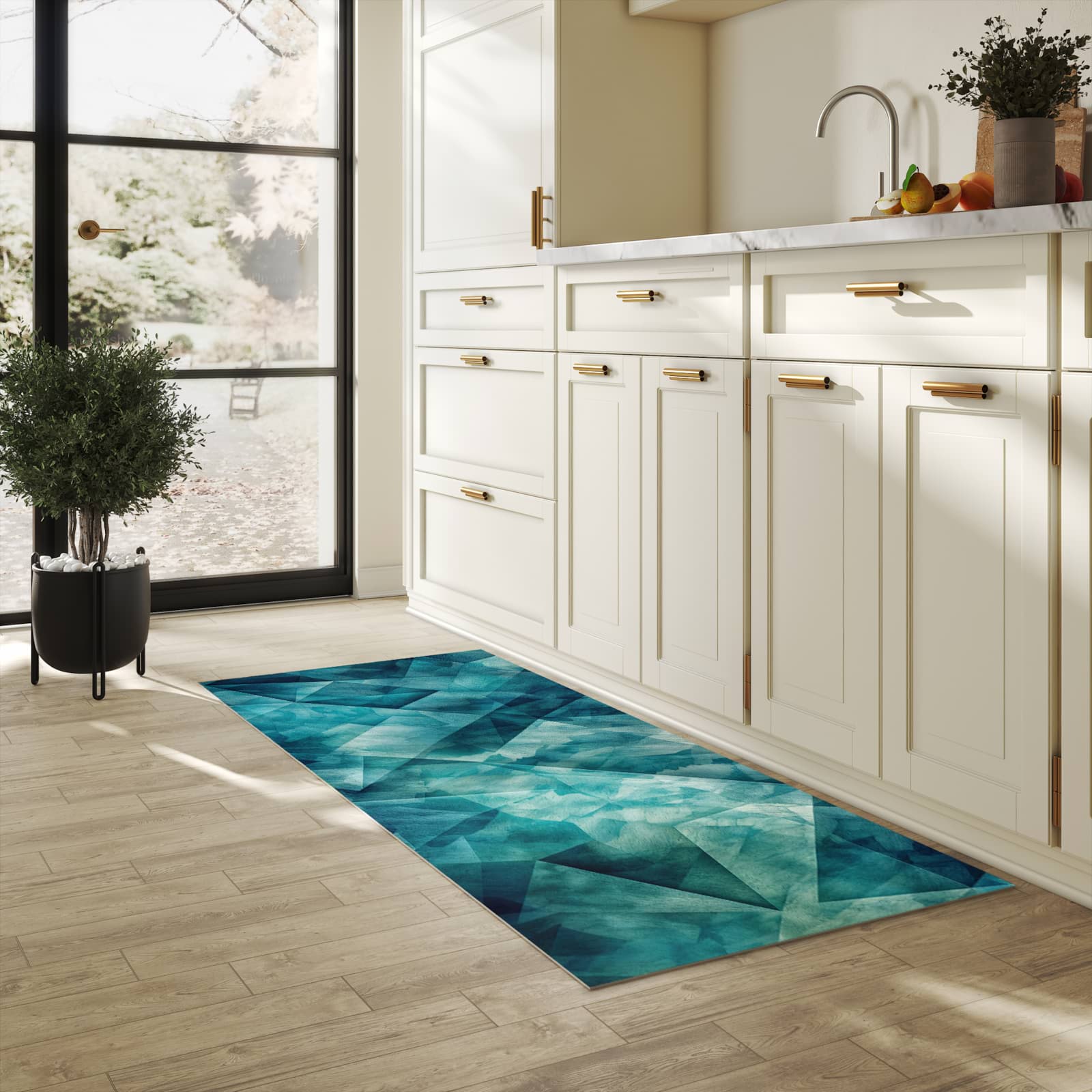 Hygienischer Bodenläufer Teppich mit Motiv Abstrakte Geometrie in heller Küche