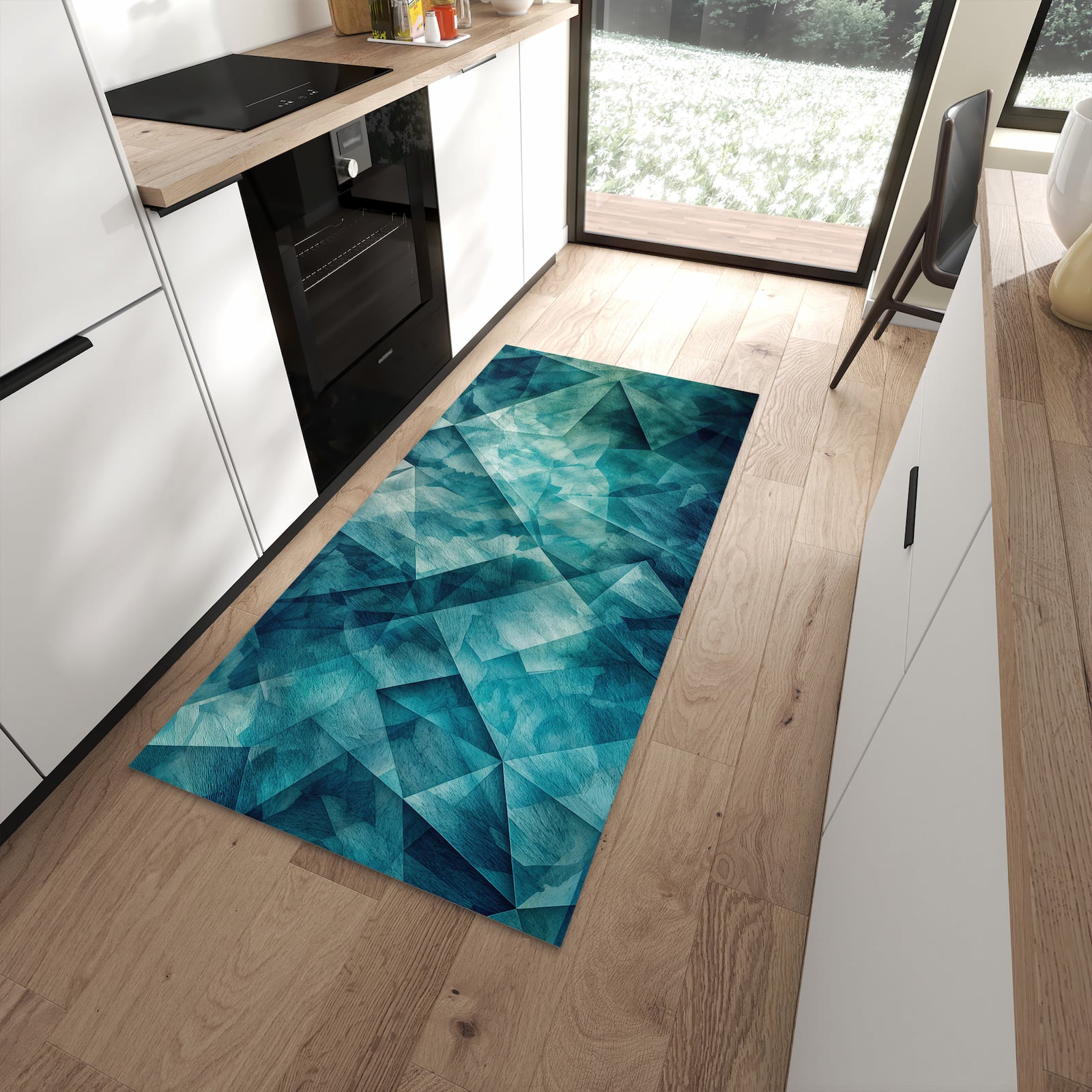 Langlebiger Küchenläufer mit Motiv Abstrakte Geometrie in moderner Küche