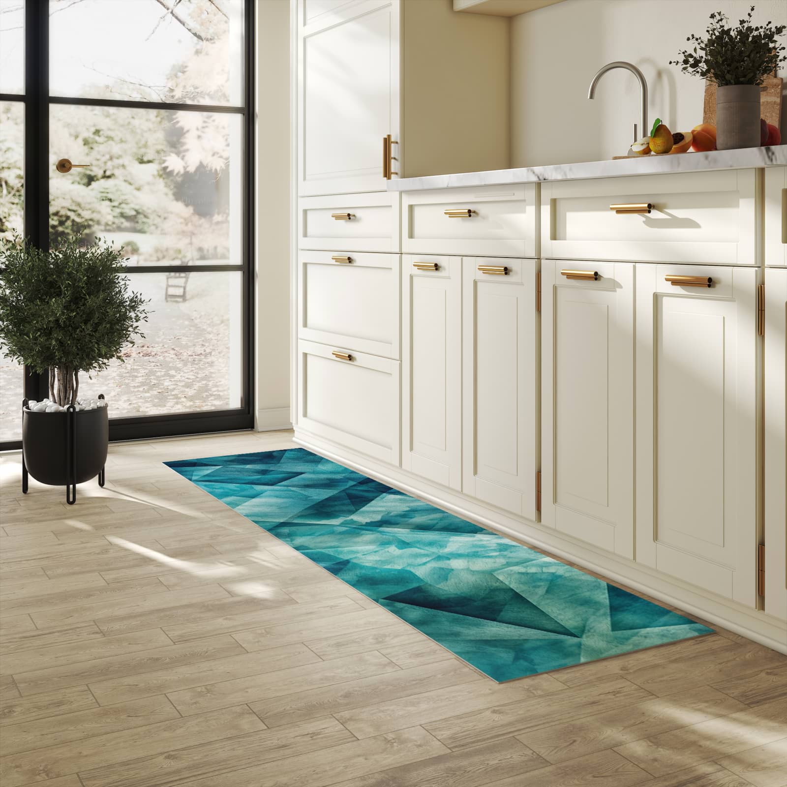 Komfortabler Teppich fürs Esszimmer mit Motiv Abstrakte Geometrie in heller Küche, waschbar