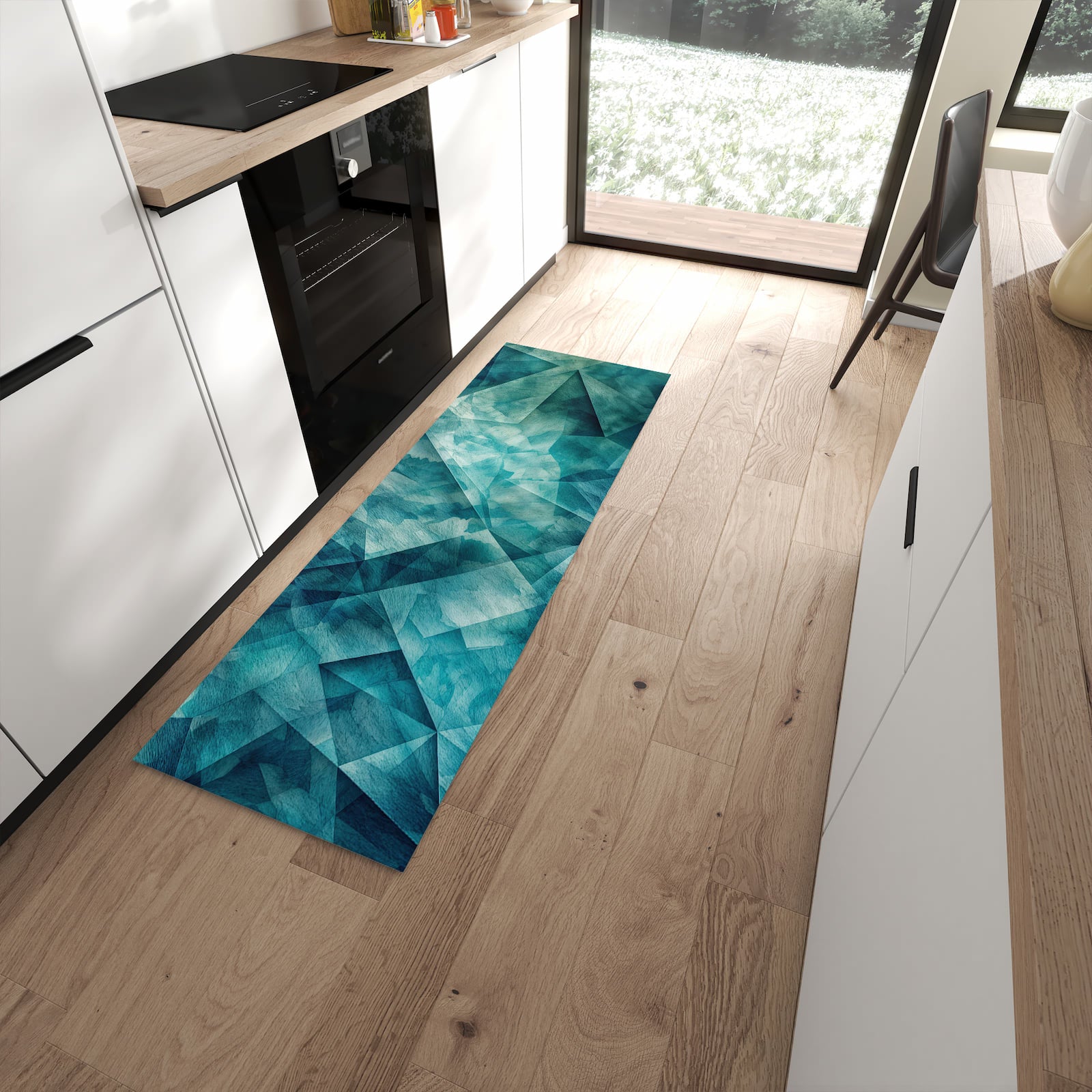 Flacher Küchenteppich mit Motiv Abstrakte Geometrie in moderner Küche