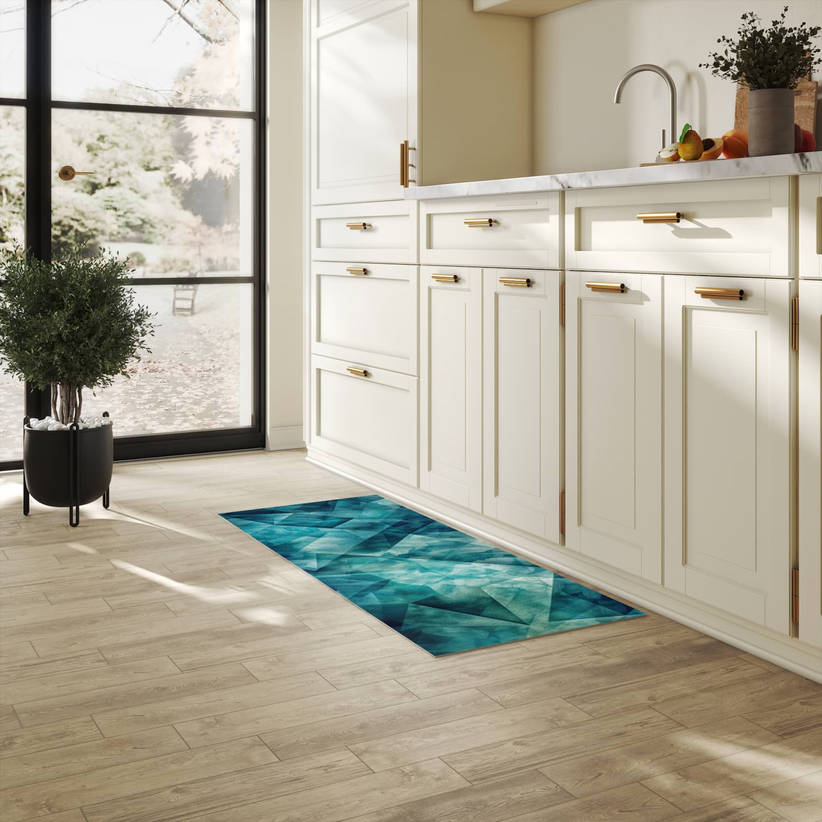 Flacher rutschfester Küchenteppich mit Motiv Abstrakte Geometrie in heller Küche