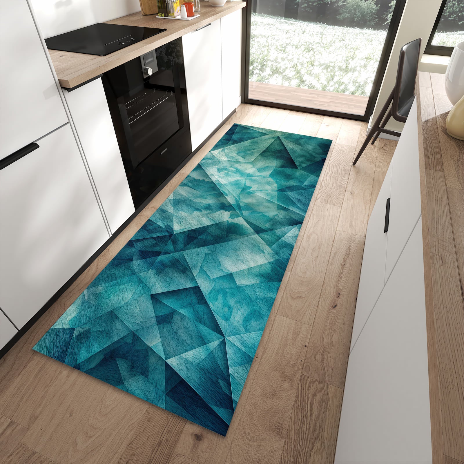 Rutschfester Küchenläufer mit Motiv Abstrakte Geometrie in moderner Küche